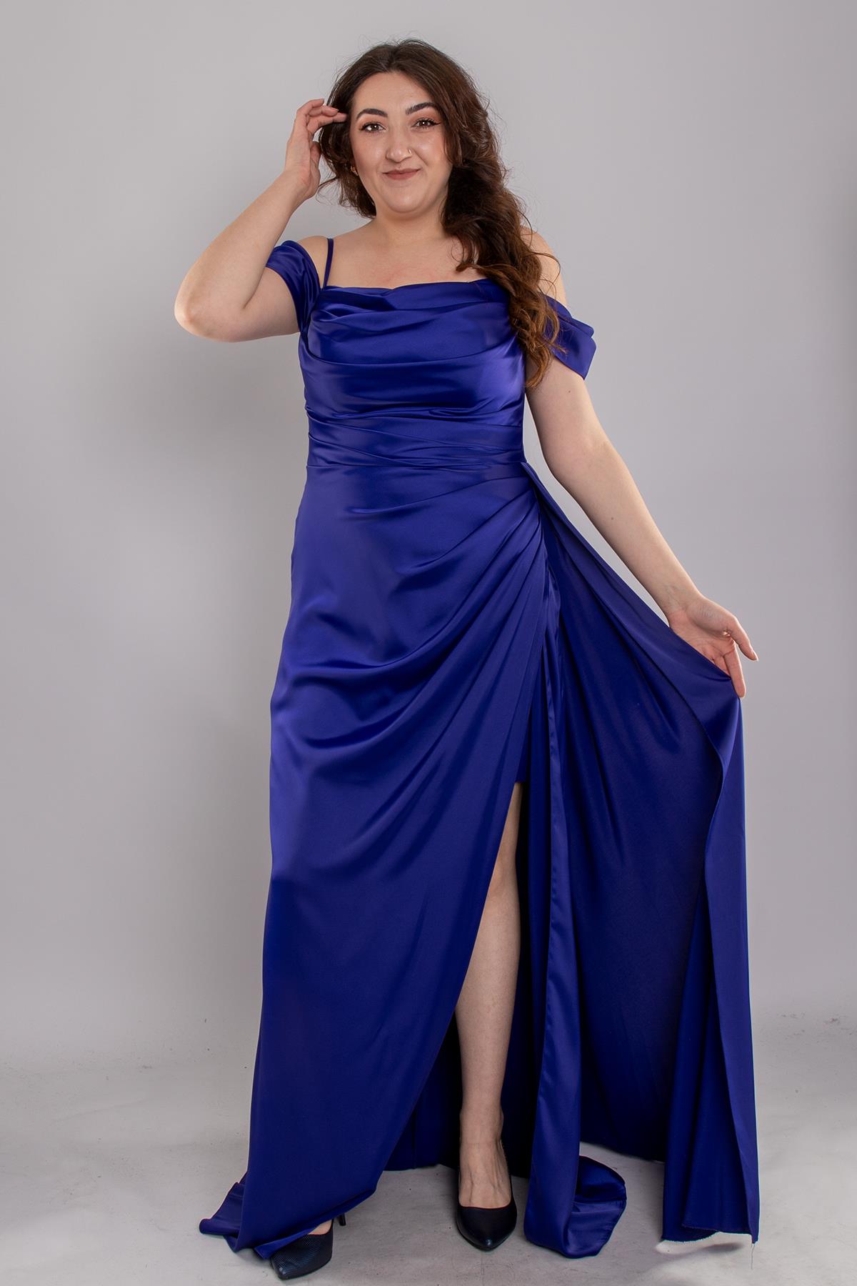 1449 Büyük Beden İp Askı Şal Yaka Kuyruklu Saten Uzun Elbise