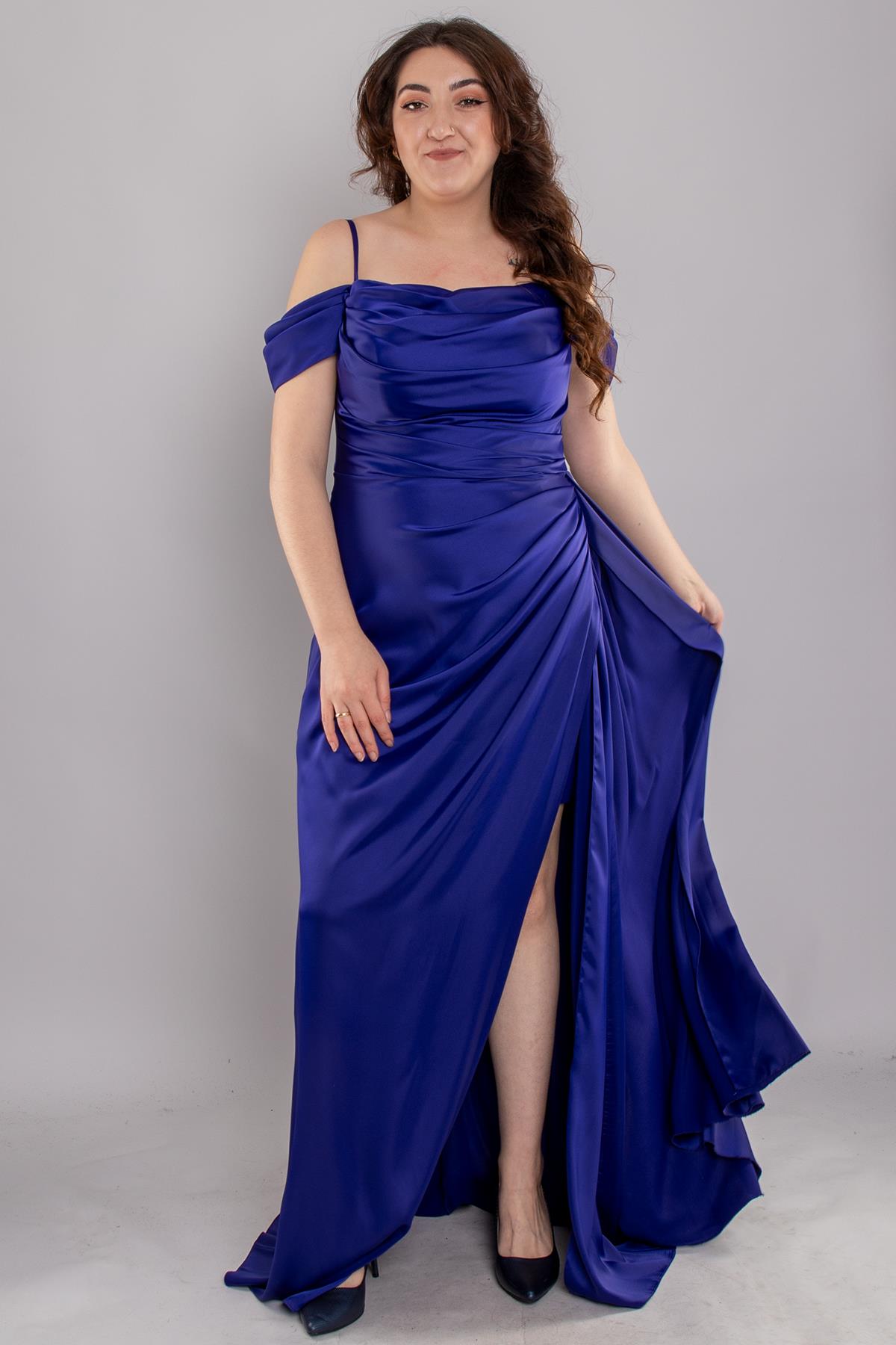 1449 Büyük Beden İp Askı Şal Yaka Kuyruklu Saten Uzun Elbise