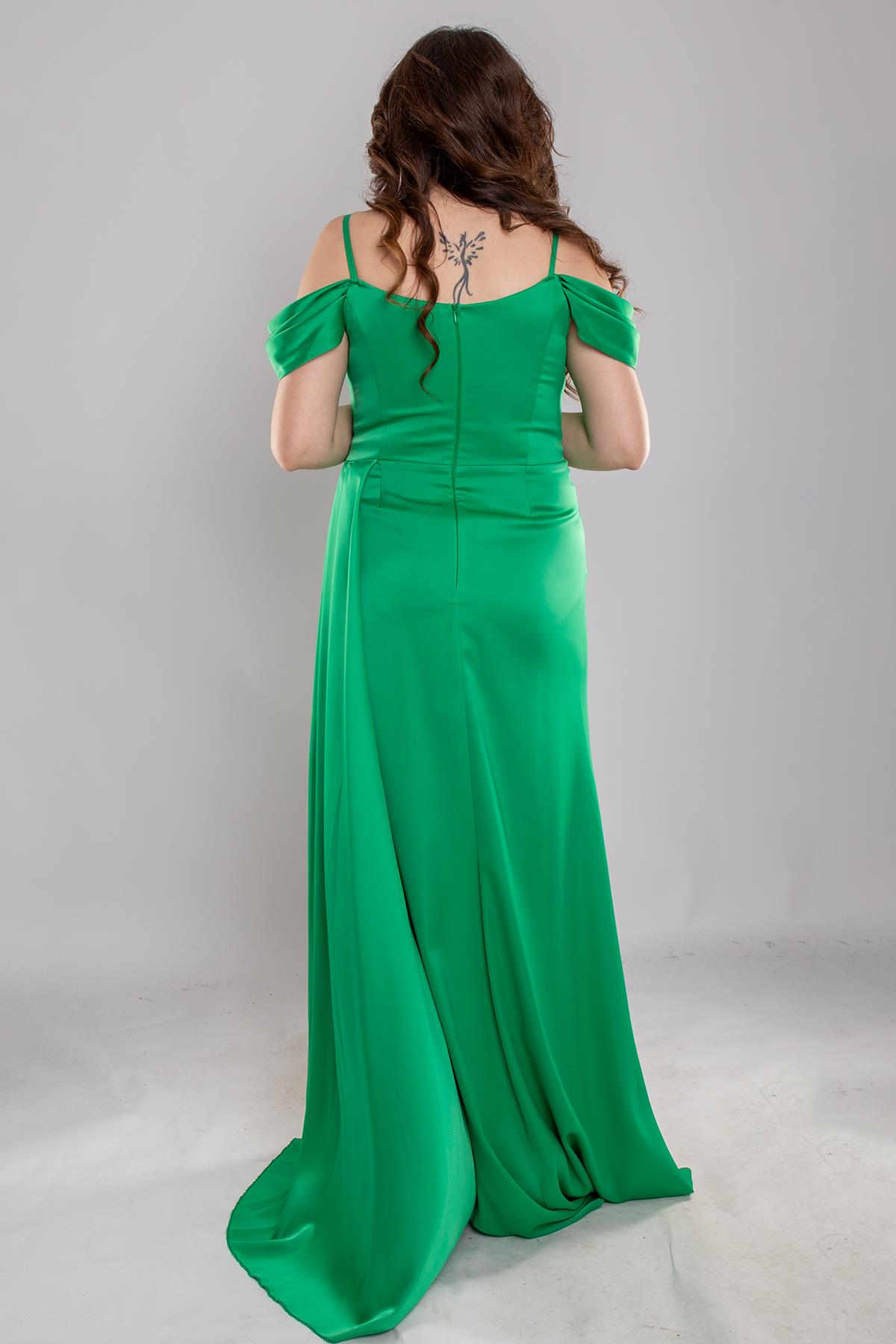 1449 Büyük Beden İp Askı Şal Yaka Kuyruklu Saten Uzun Elbise