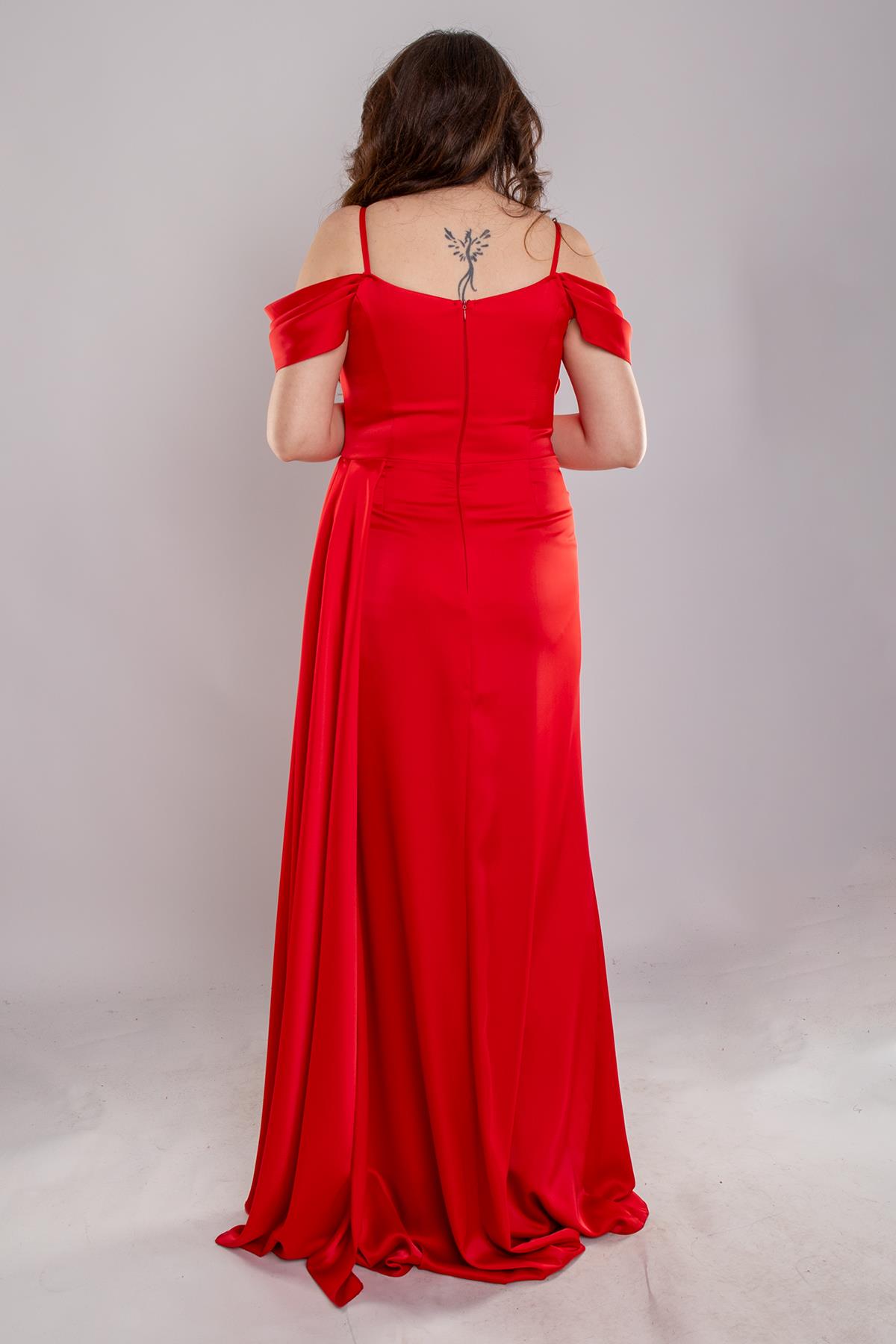 1449 Büyük Beden İp Askı Şal Yaka Kuyruklu Saten Uzun Elbise