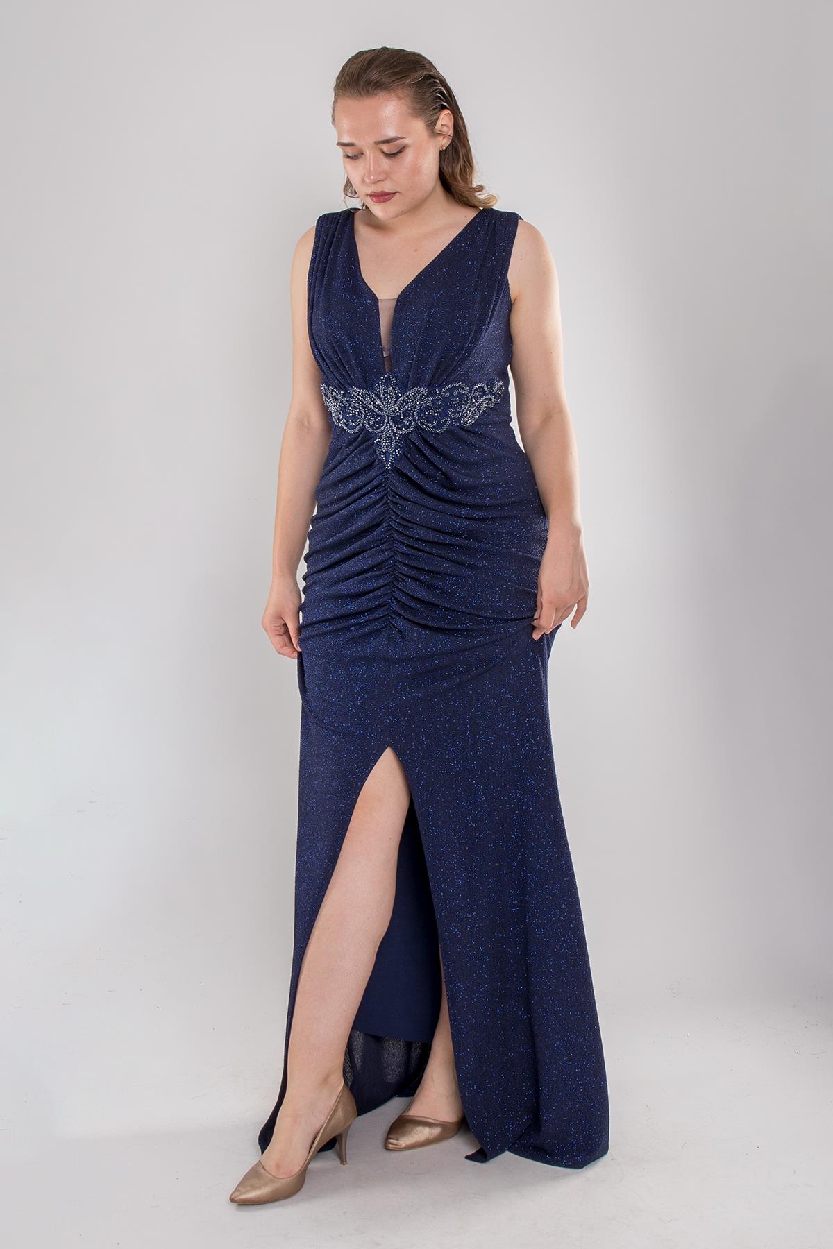 145 Büyük Beden Beli Taşlı Eteği Drape Sim Kalın Askı Uzun Elbise