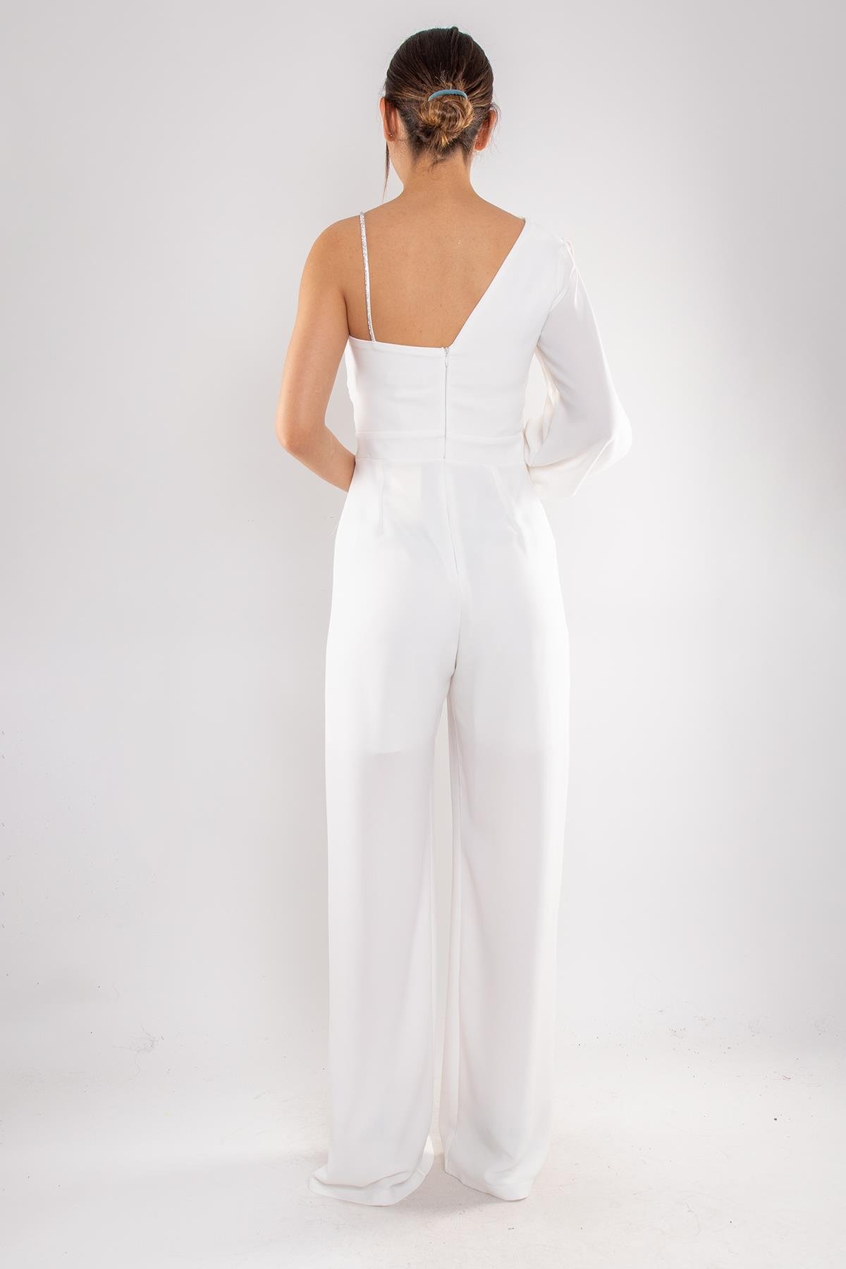 1453 Tek Kollu Beli Pencereli Taşlı Krep Abiye Tulum