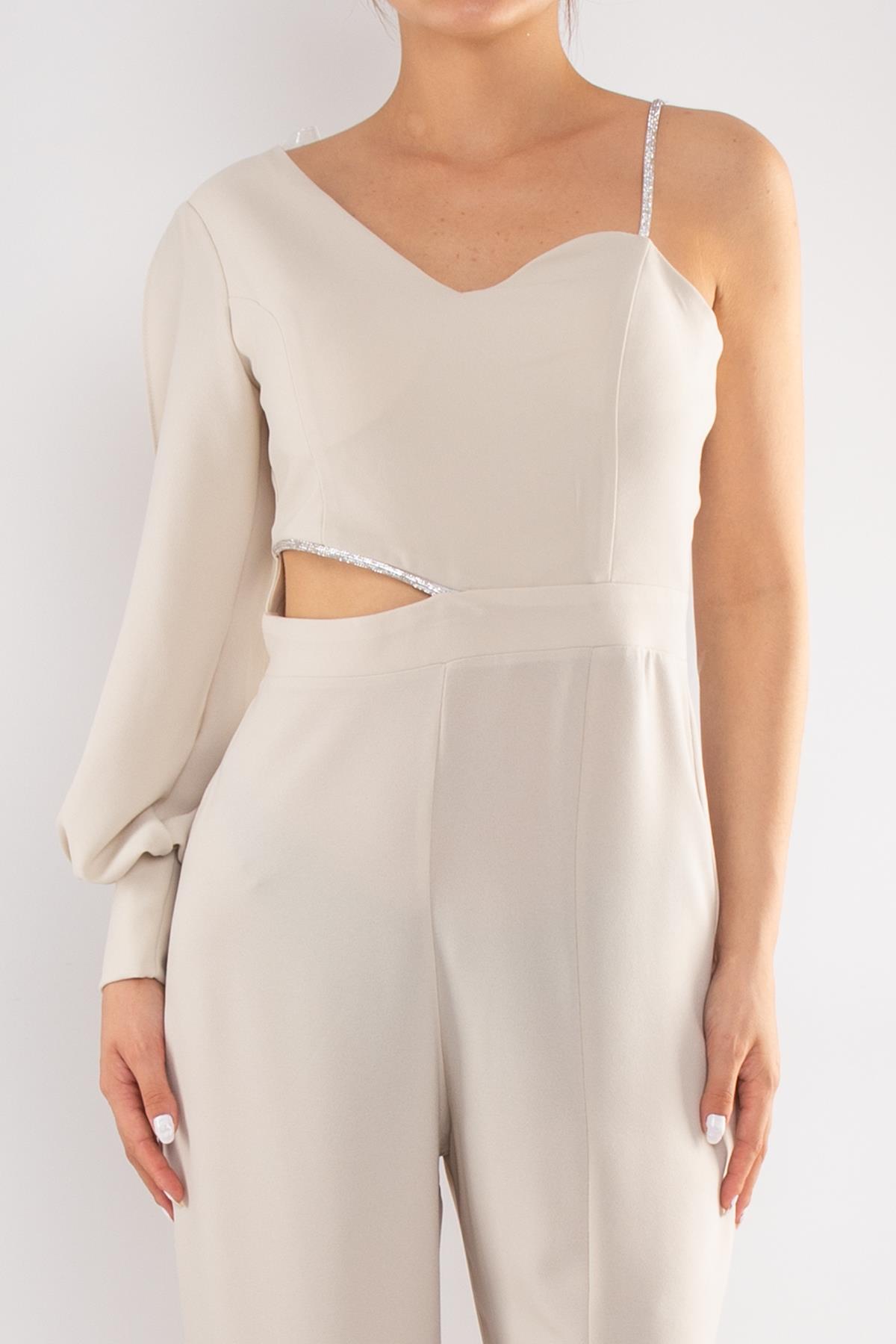 1453 Tek Kollu Beli Pencereli Taşlı Krep Abiye Tulum