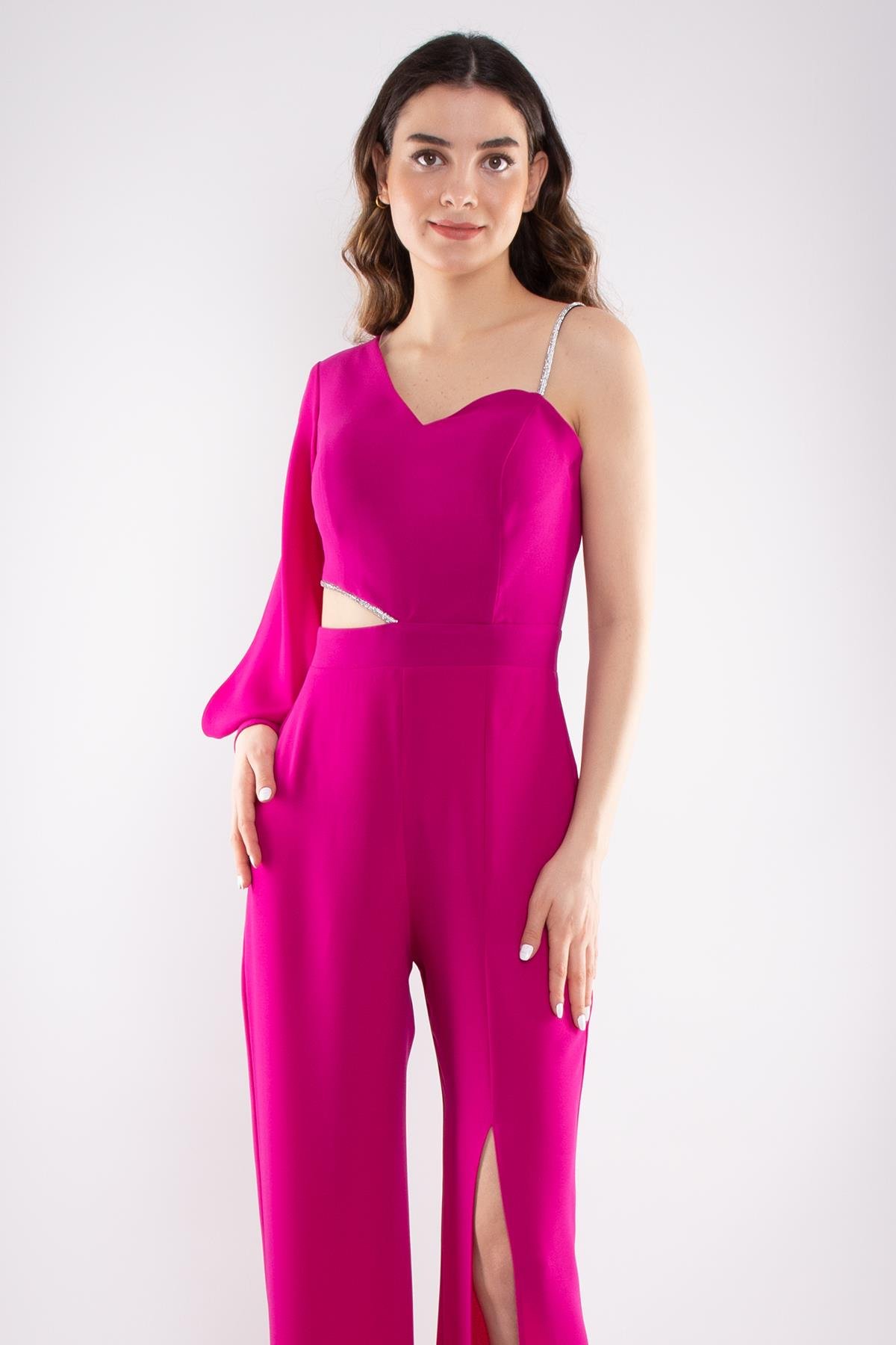 1453 Tek Kollu Beli Pencereli Taşlı Krep Abiye Tulum