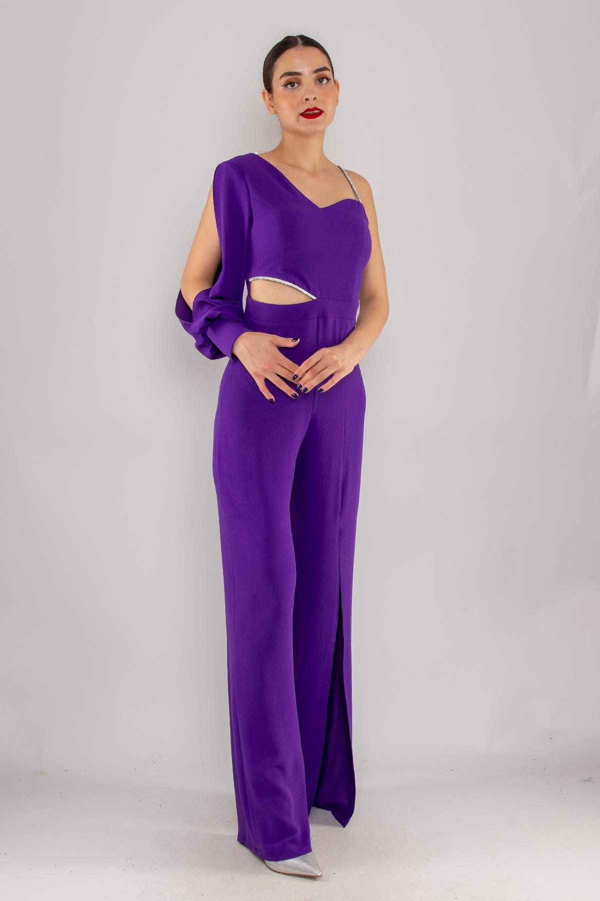 1453 Tek Kollu Beli Pencereli Taşlı Krep Abiye Tulum