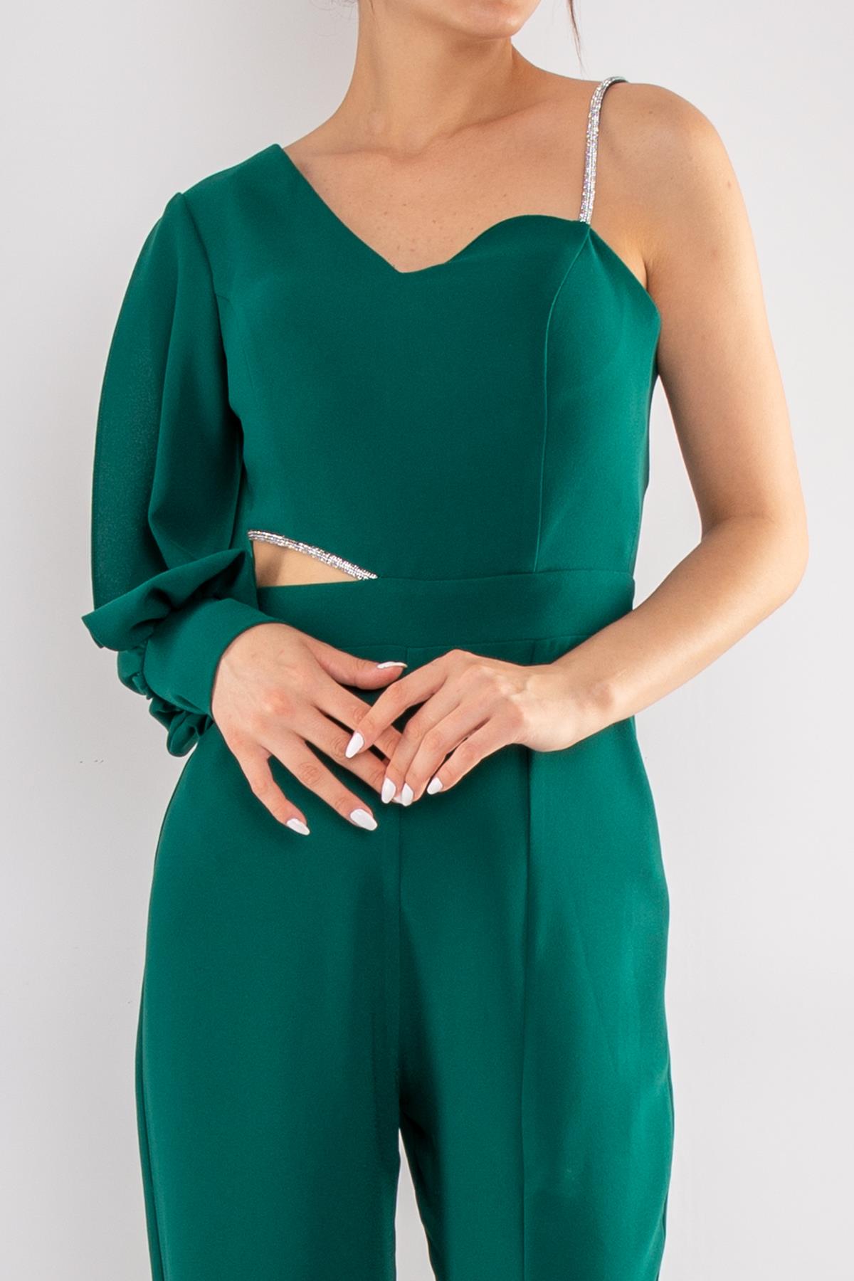 1453 Tek Kollu Beli Pencereli Taşlı Krep Abiye Tulum