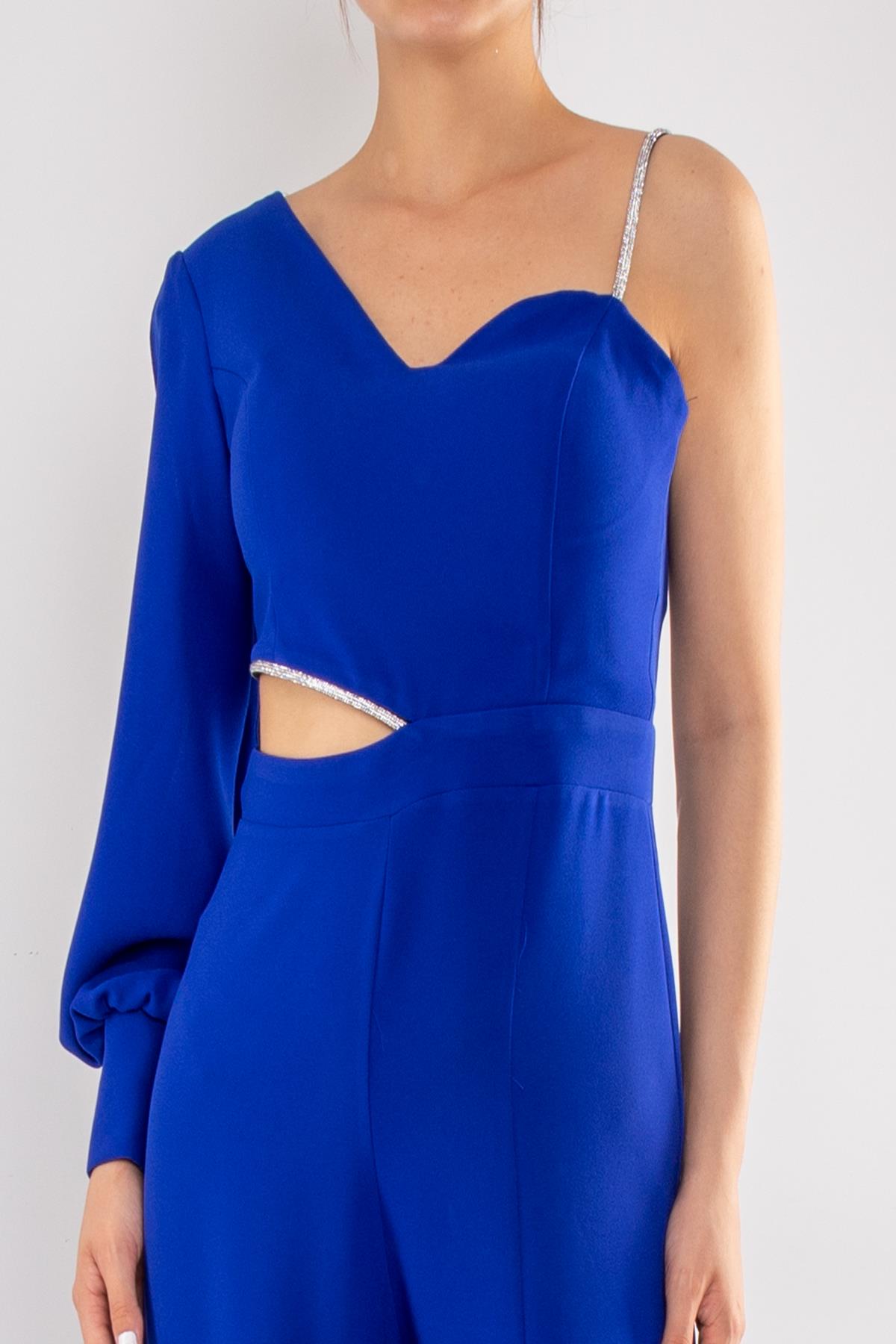 1453 Tek Kollu Beli Pencereli Taşlı Krep Abiye Tulum