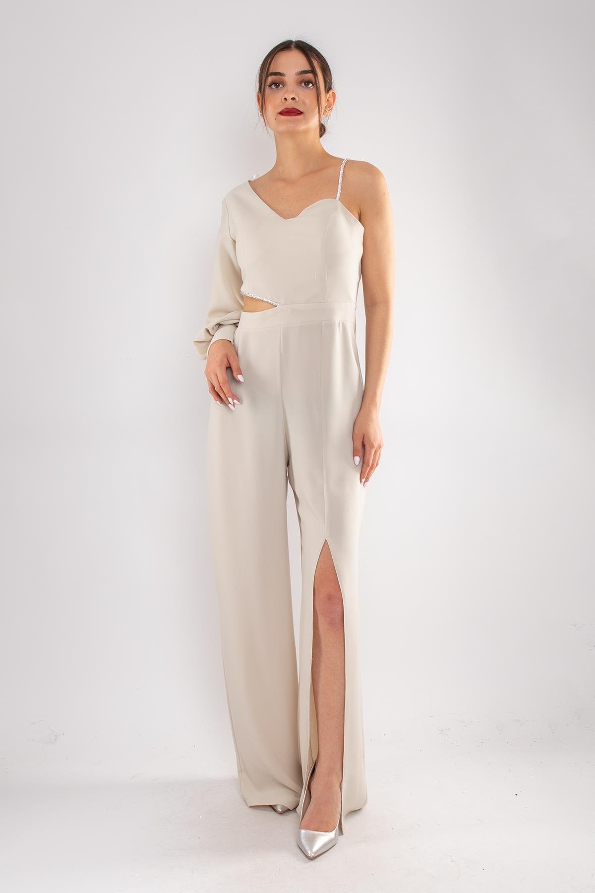 1453 Tek Kollu Beli Pencereli Taşlı Krep Abiye Tulum