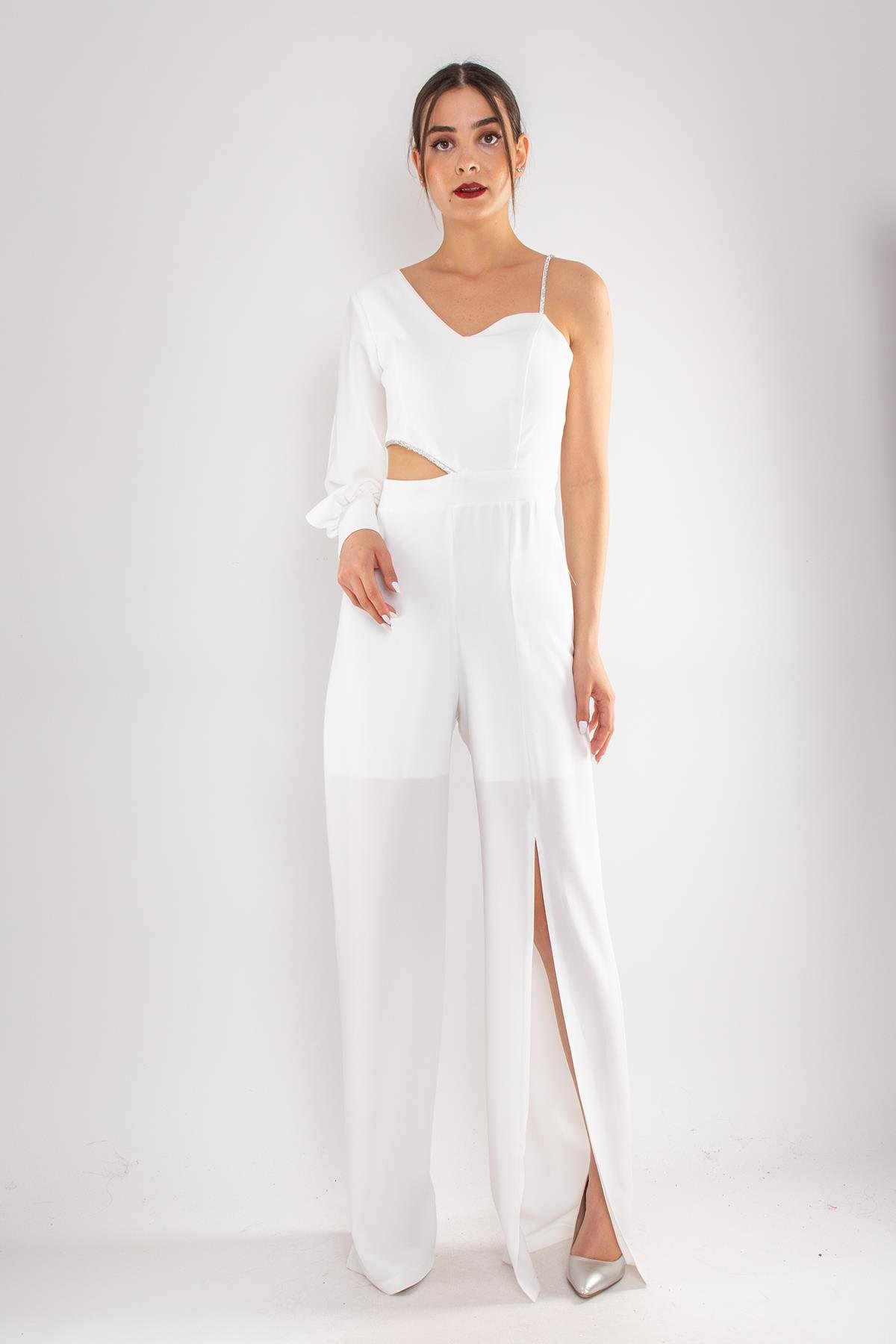 1453 Tek Kollu Beli Pencereli Taşlı Krep Abiye Tulum