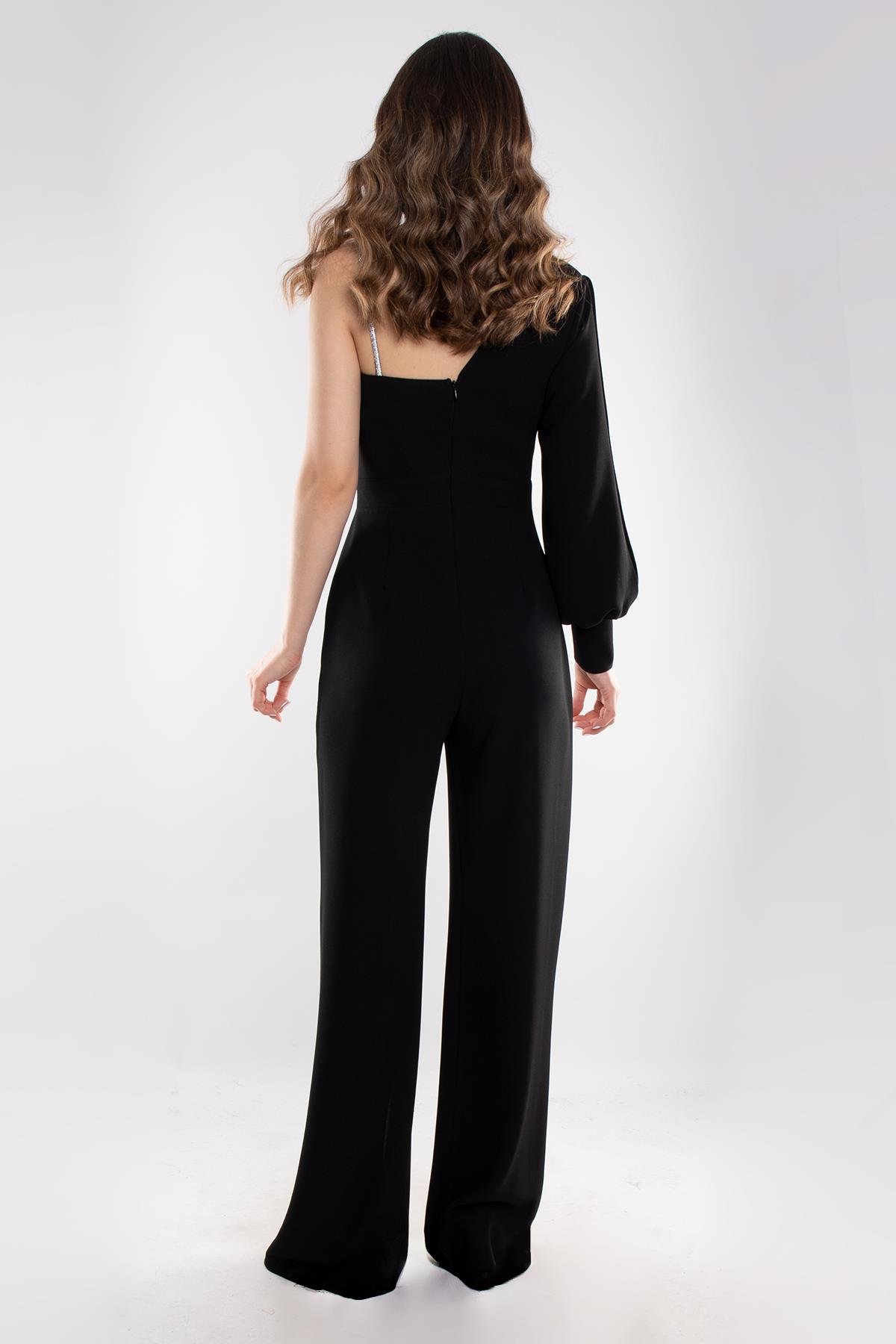 1453 Tek Kollu Beli Pencereli Taşlı Krep Abiye Tulum