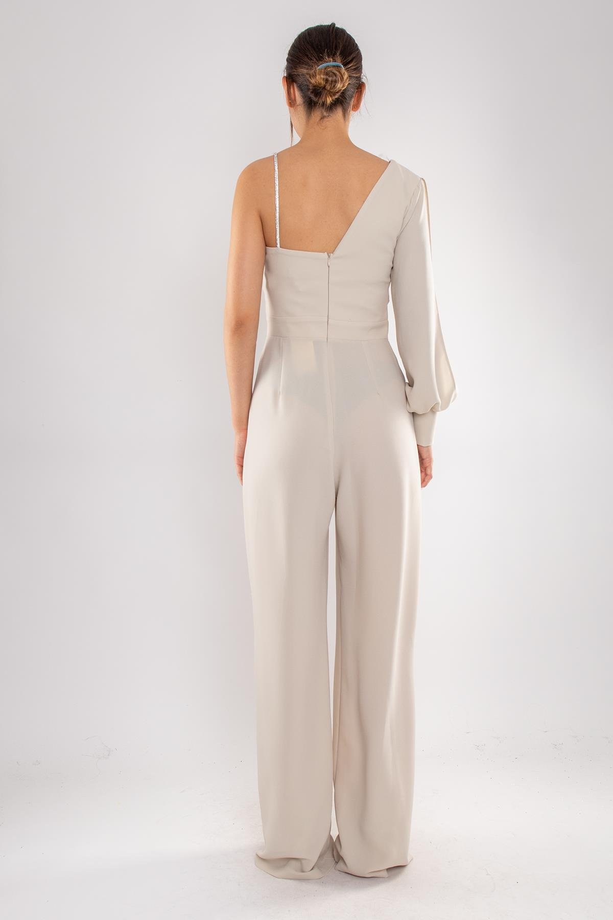 1453 Tek Kollu Beli Pencereli Taşlı Krep Abiye Tulum