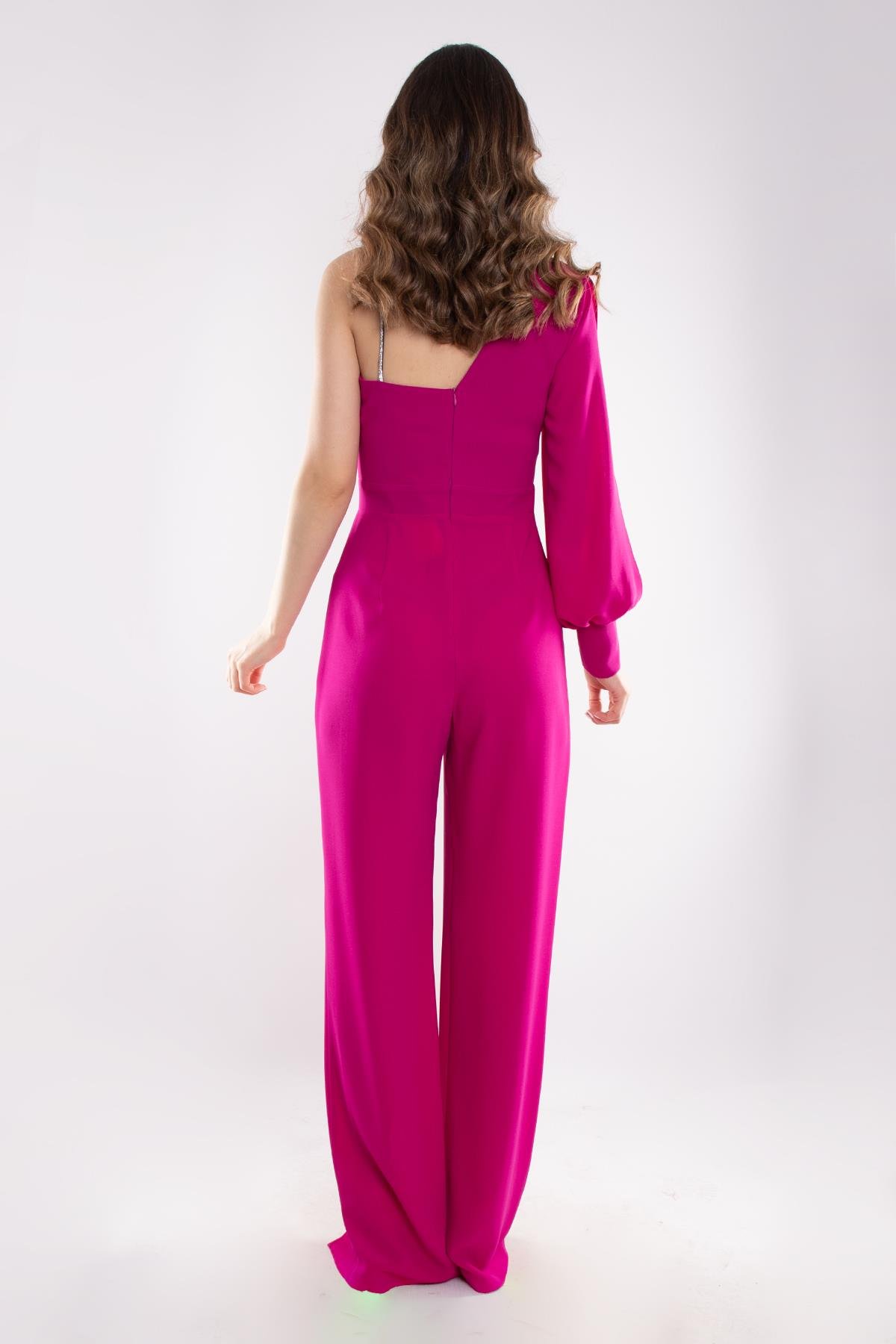 1453 Tek Kollu Beli Pencereli Taşlı Krep Abiye Tulum