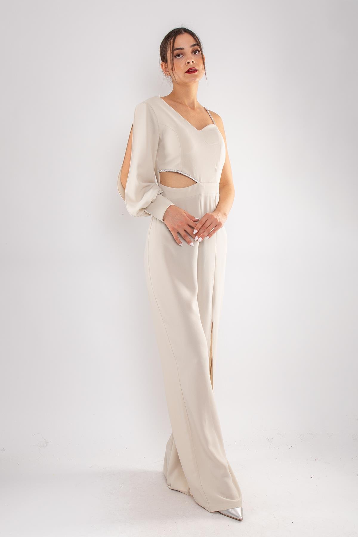 1453 Tek Kollu Beli Pencereli Taşlı Krep Abiye Tulum