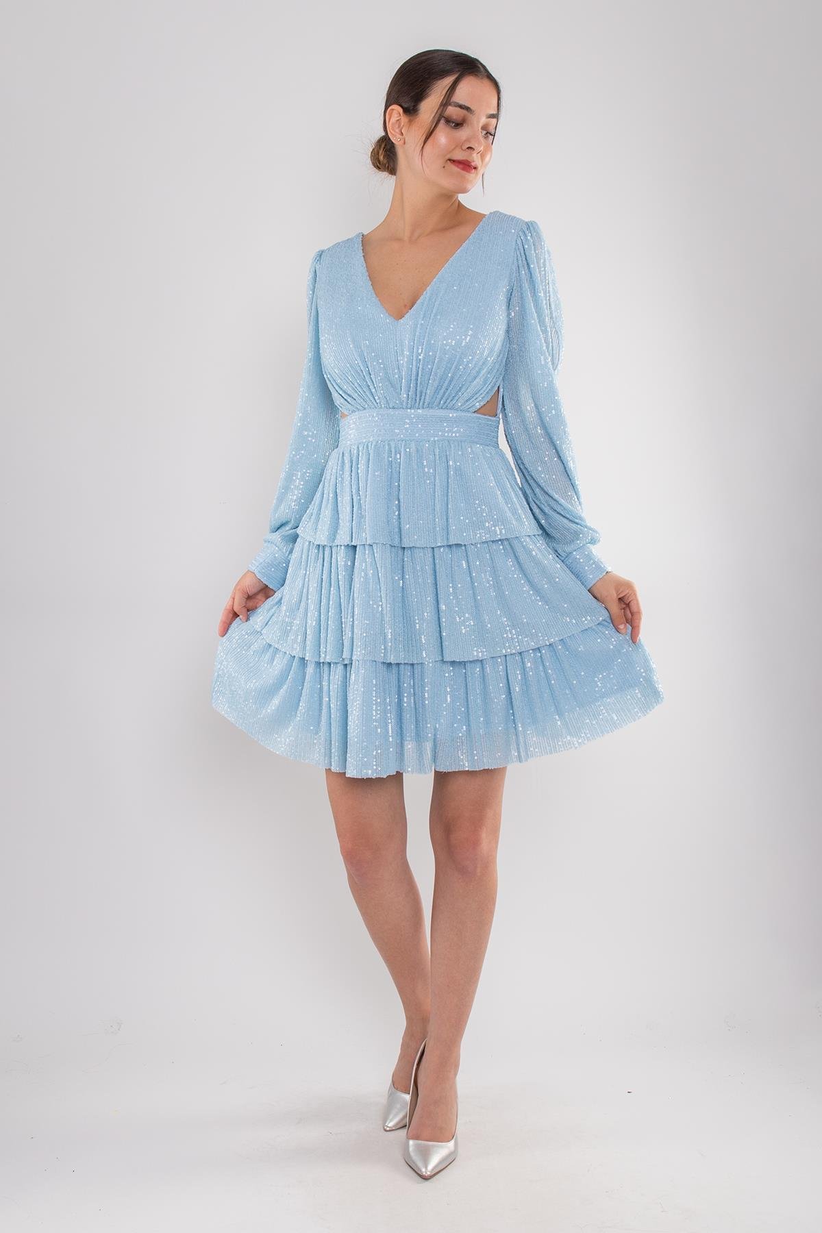 1478 Pulpayet Sırt İpli Eteği Kat Kat Uzun Kol Kısa Elbise