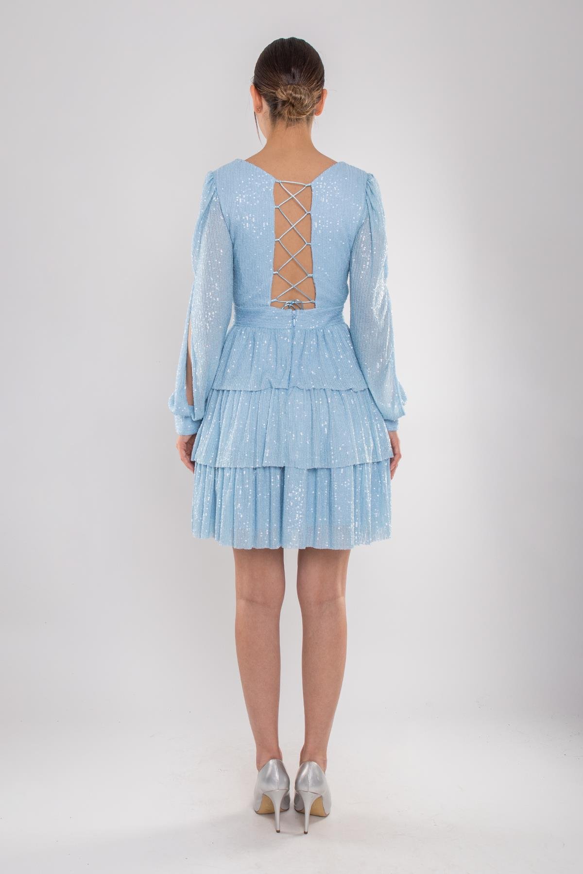 1478 Pulpayet Sırt İpli Eteği Kat Kat Uzun Kol Kısa Elbise