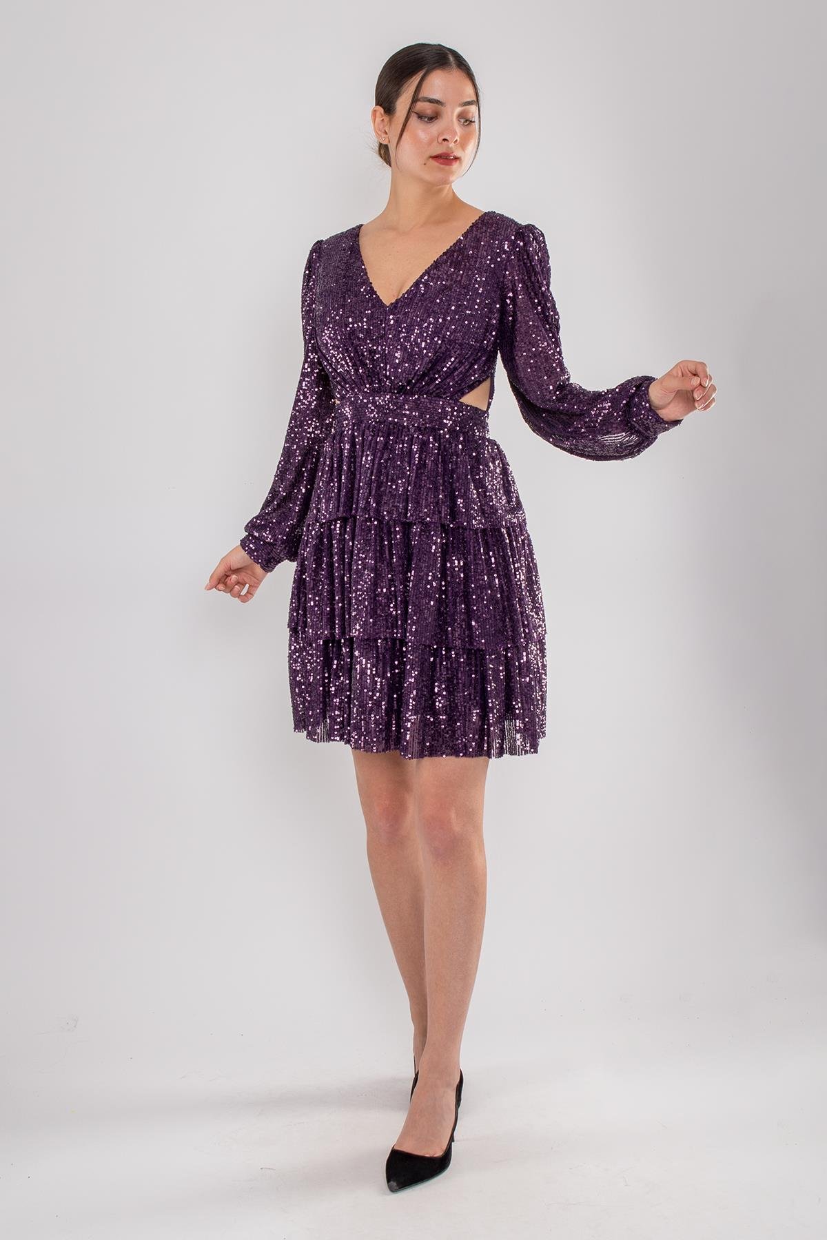 1478 Pulpayet Sırt İpli Eteği Kat Kat Uzun Kol Kısa Elbise