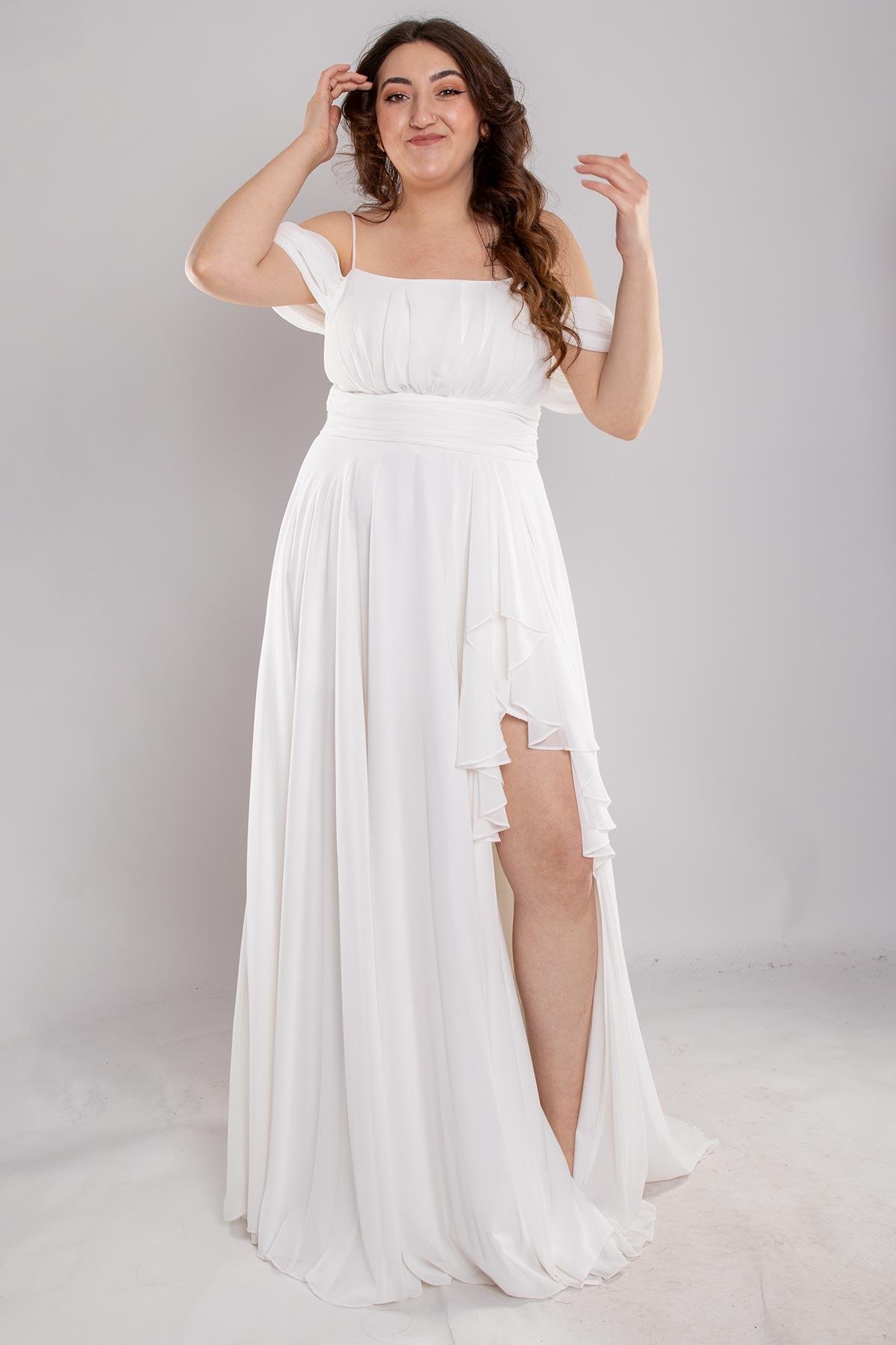 1479 Büyük Beden İp Askı Göğüs Drape Yanı Fırfırlı Uzun Şİfon Elbise