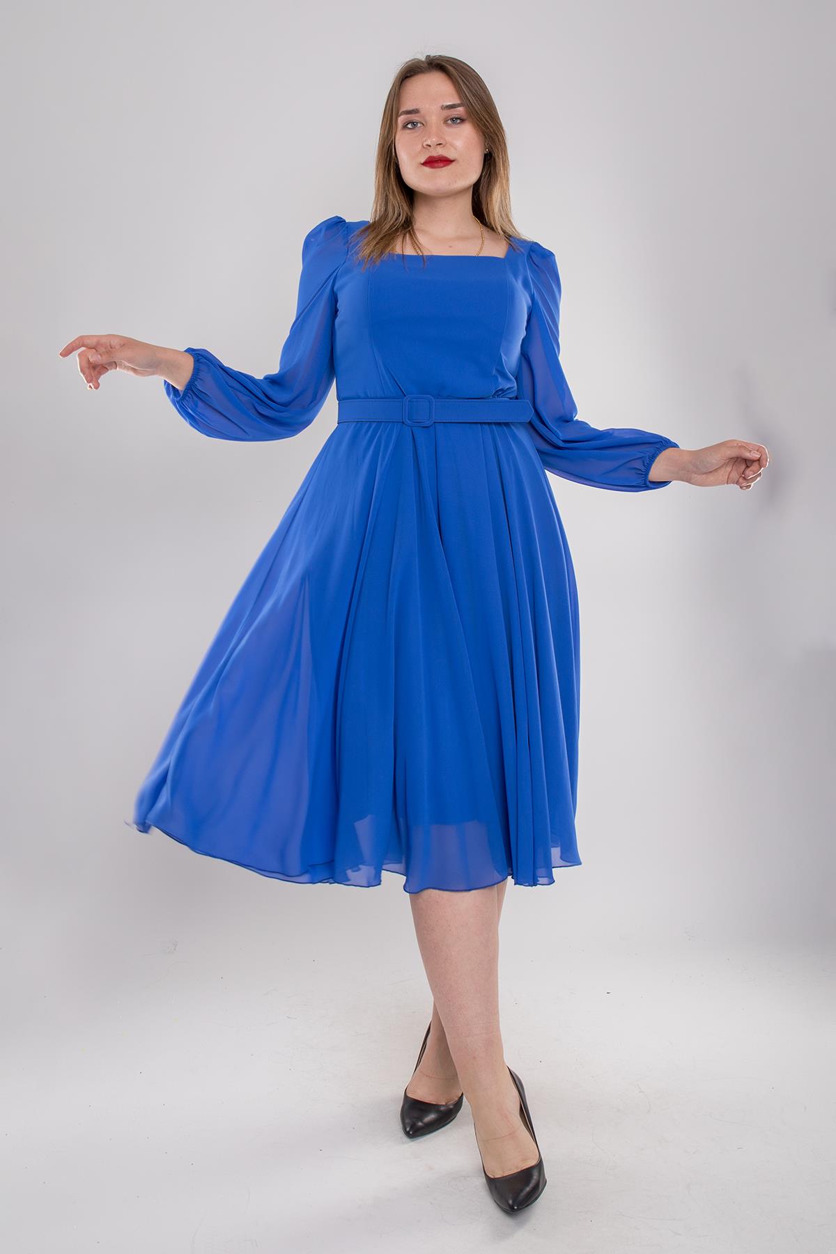 1482 Büyük Beden Kare Yaka Tül Kollu Kemerli Midiboy Şifon Elbise