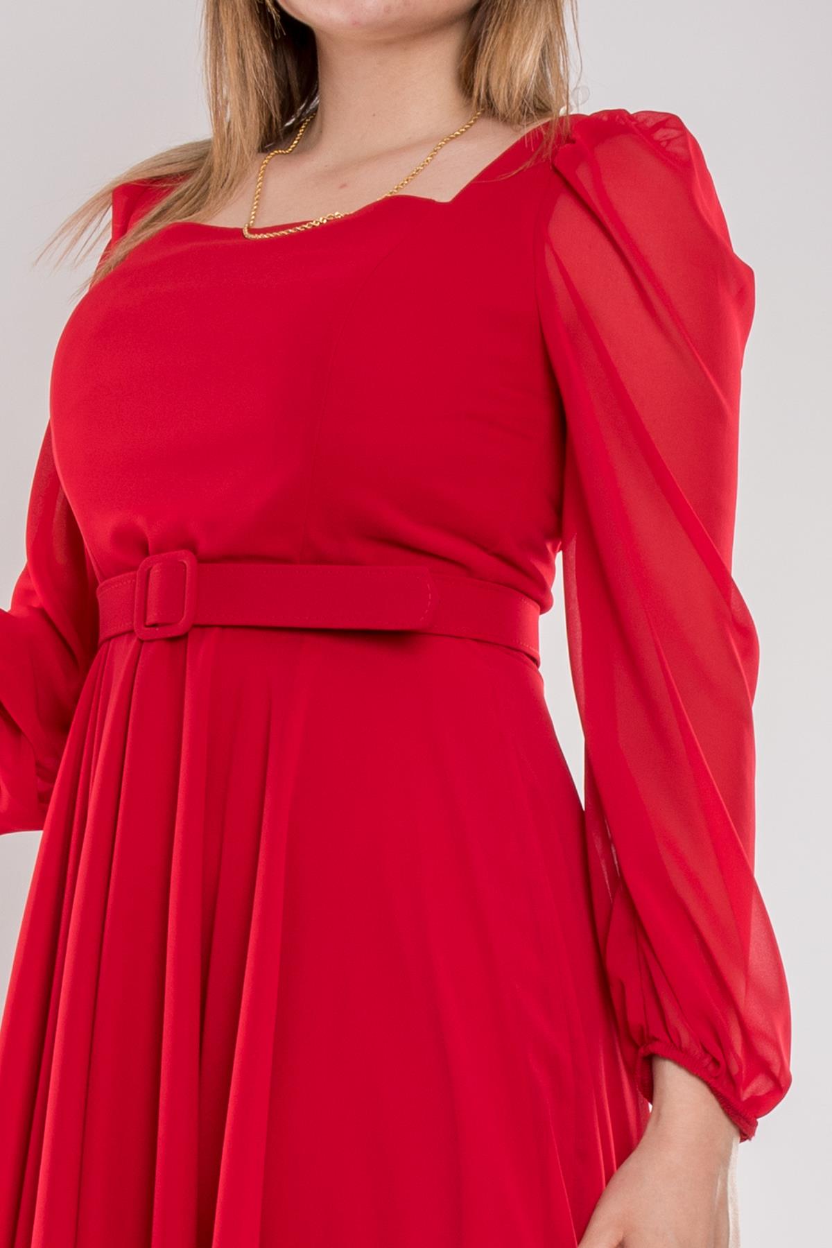 1482 Büyük Beden Kare Yaka Tül Kollu Kemerli Midiboy Şifon Elbise