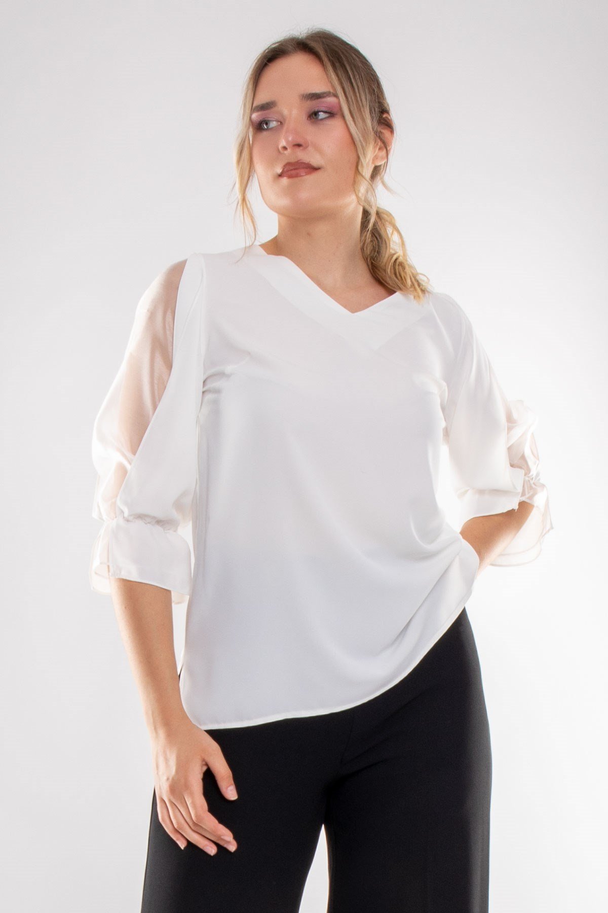 1490 Büyük Beden Organze Tül Kol Vyaka Viscon Bluz