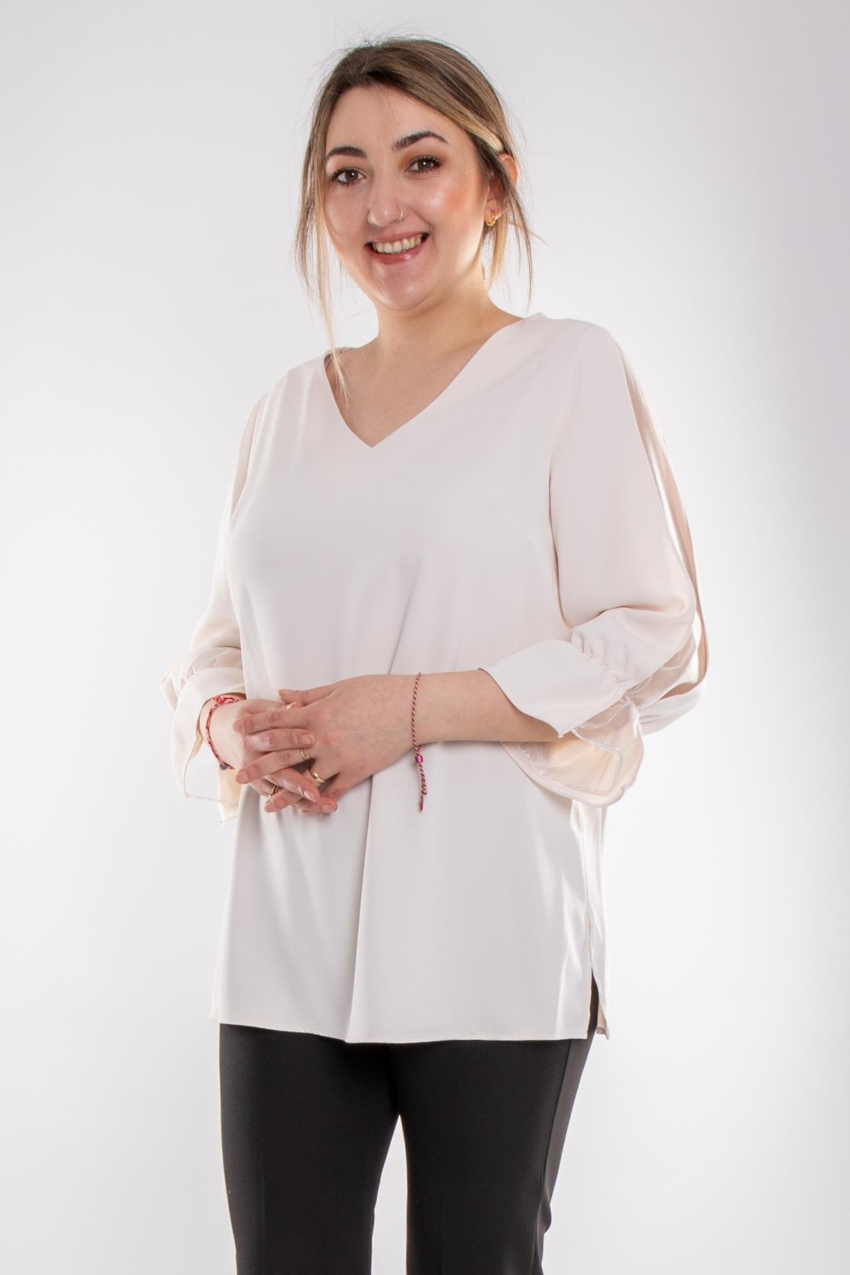 1490 Büyük Beden Organze Tül Kol Vyaka Viscon Bluz