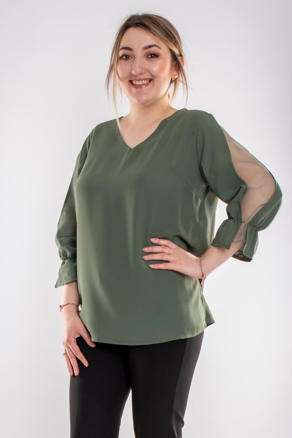 1490 Büyük Beden Organze Tül Kol Vyaka Viscon Bluz