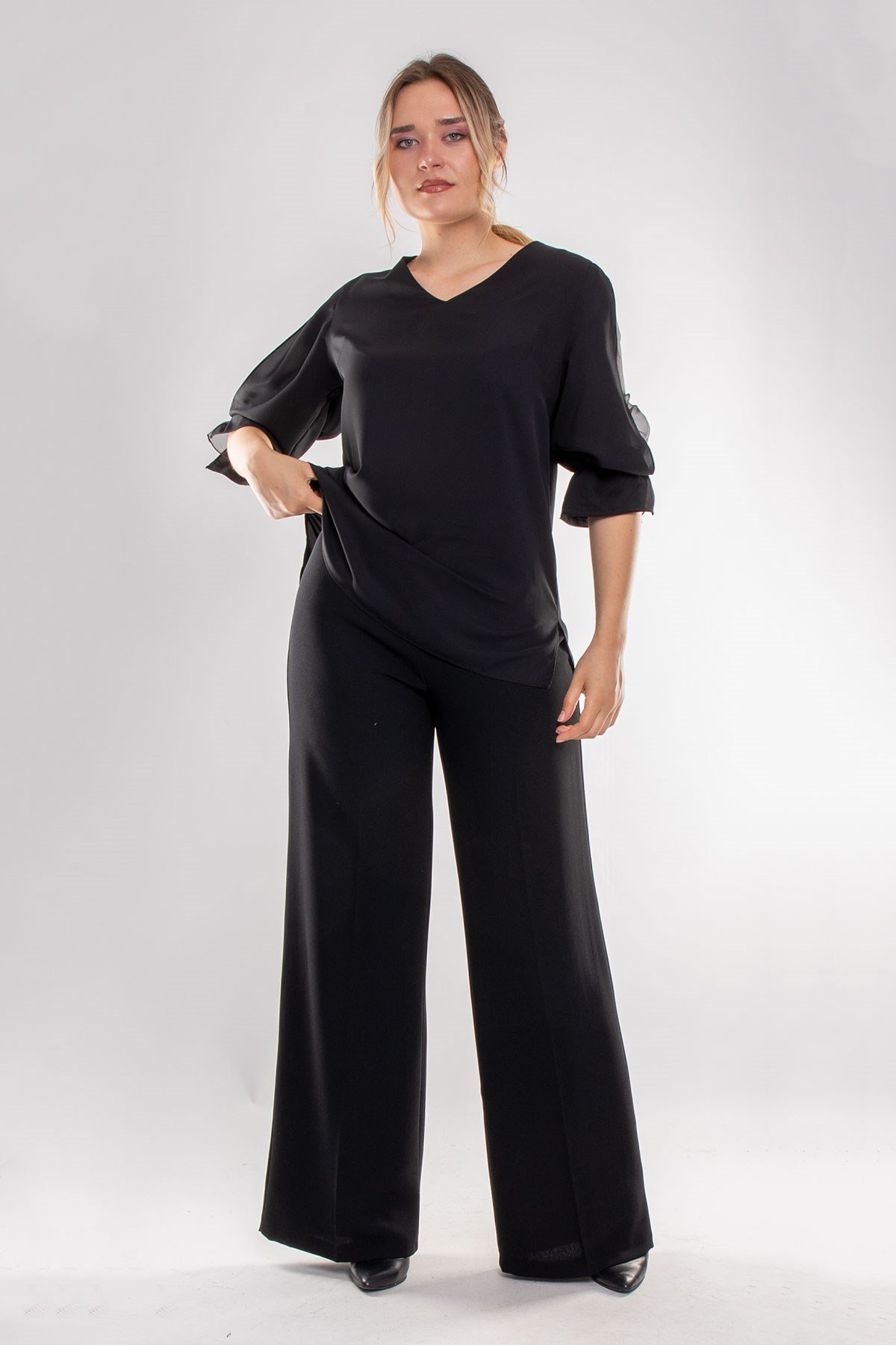 1490 Büyük Beden Organze Tül Kol Vyaka Viscon Bluz