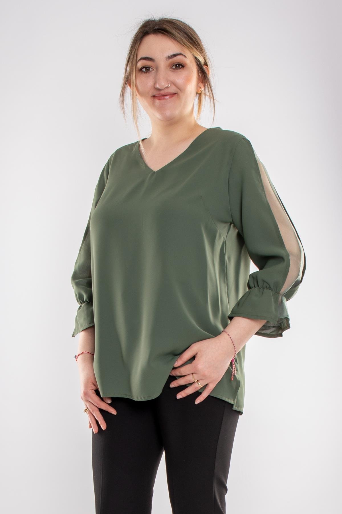 1490 Büyük Beden Organze Tül Kol Vyaka Viscon Bluz