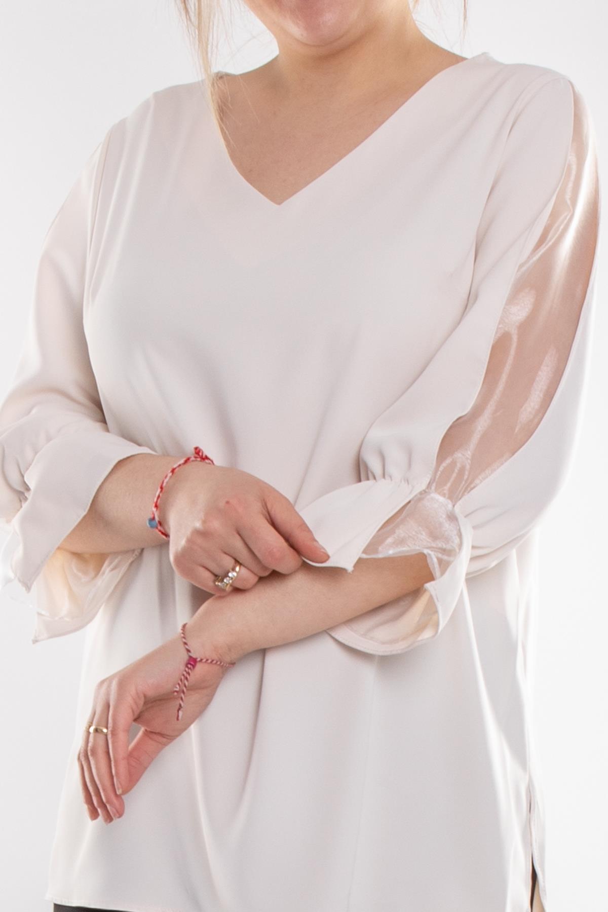 1490 Büyük Beden Organze Tül Kol Vyaka Viscon Bluz