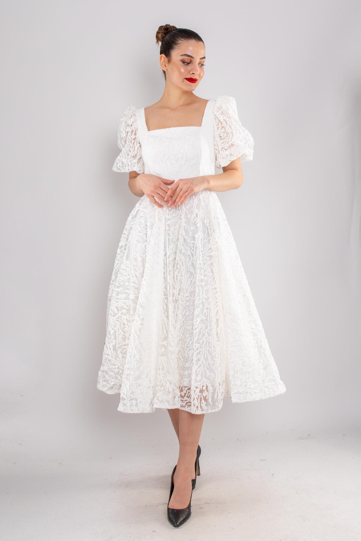 1491 Balon Kol Simli Kare Yaka Kloş Etek Kısa Abiye Elbise