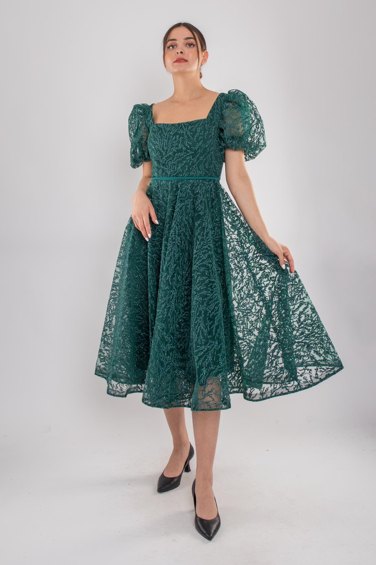 1491 Balon Kol Simli Kare Yaka Kloş Etek Kısa Abiye Elbise