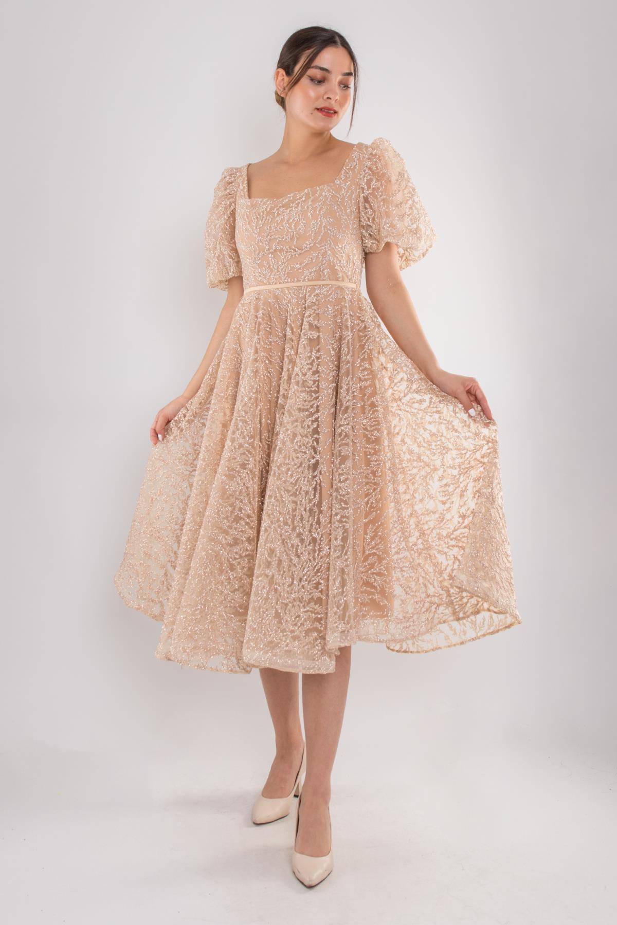 1491 Balon Kol Simli Kare Yaka Kloş Etek Kısa Abiye Elbise