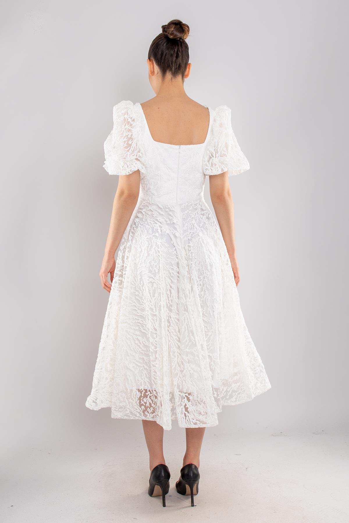 1491 Balon Kol Simli Kare Yaka Kloş Etek Kısa Abiye Elbise