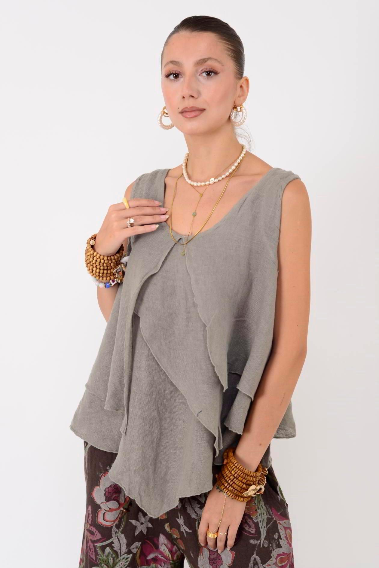 14930 Asimetrik Kesim Keten Kolsuz Bluz