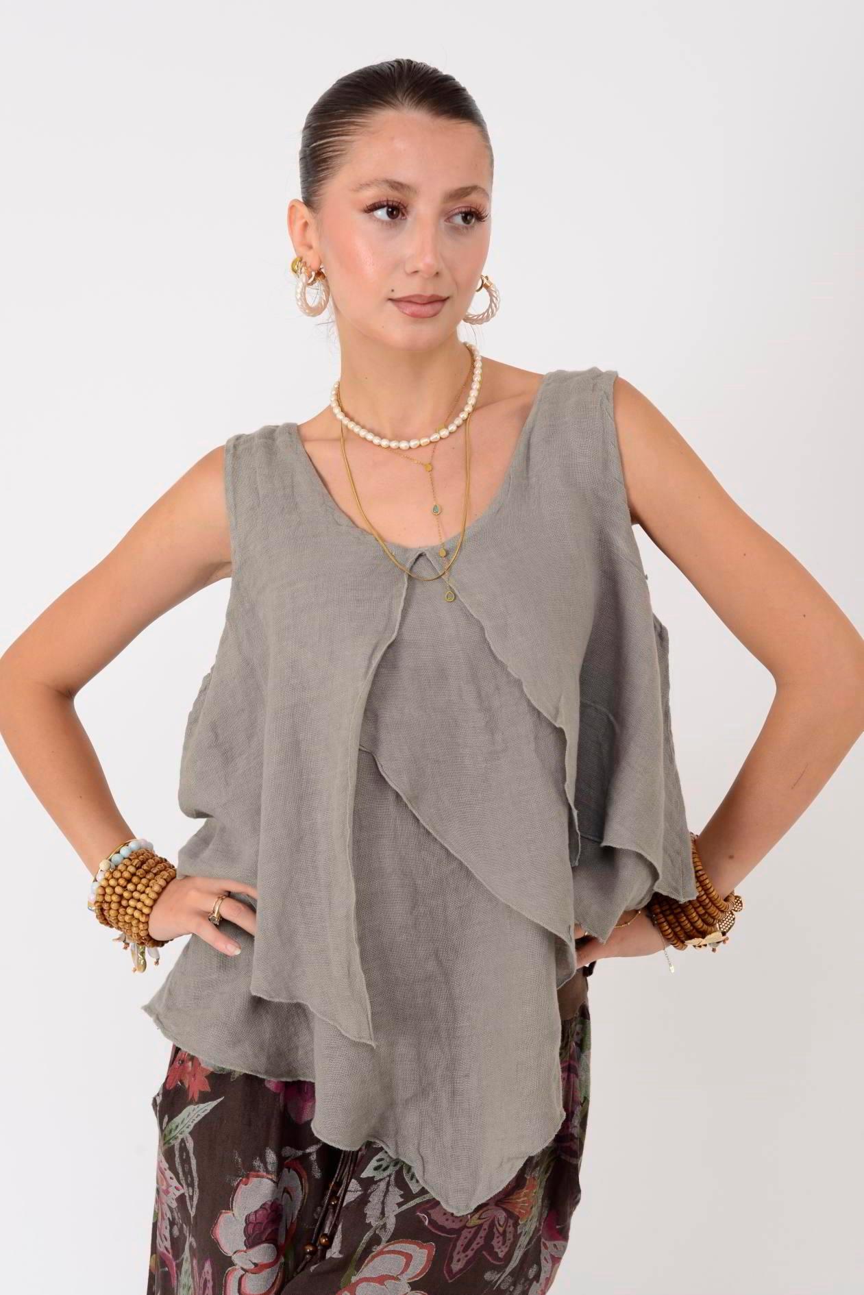 14930 Asimetrik Kesim Keten Kolsuz Bluz