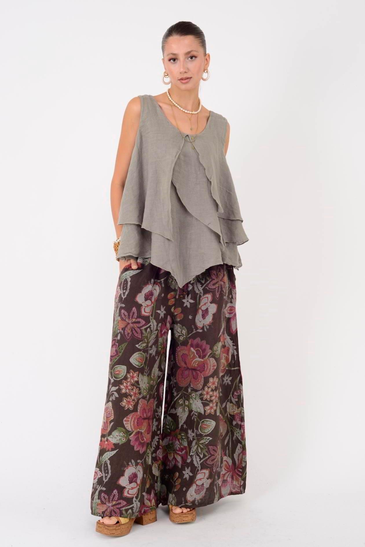 14930 Asimetrik Kesim Keten Kolsuz Bluz