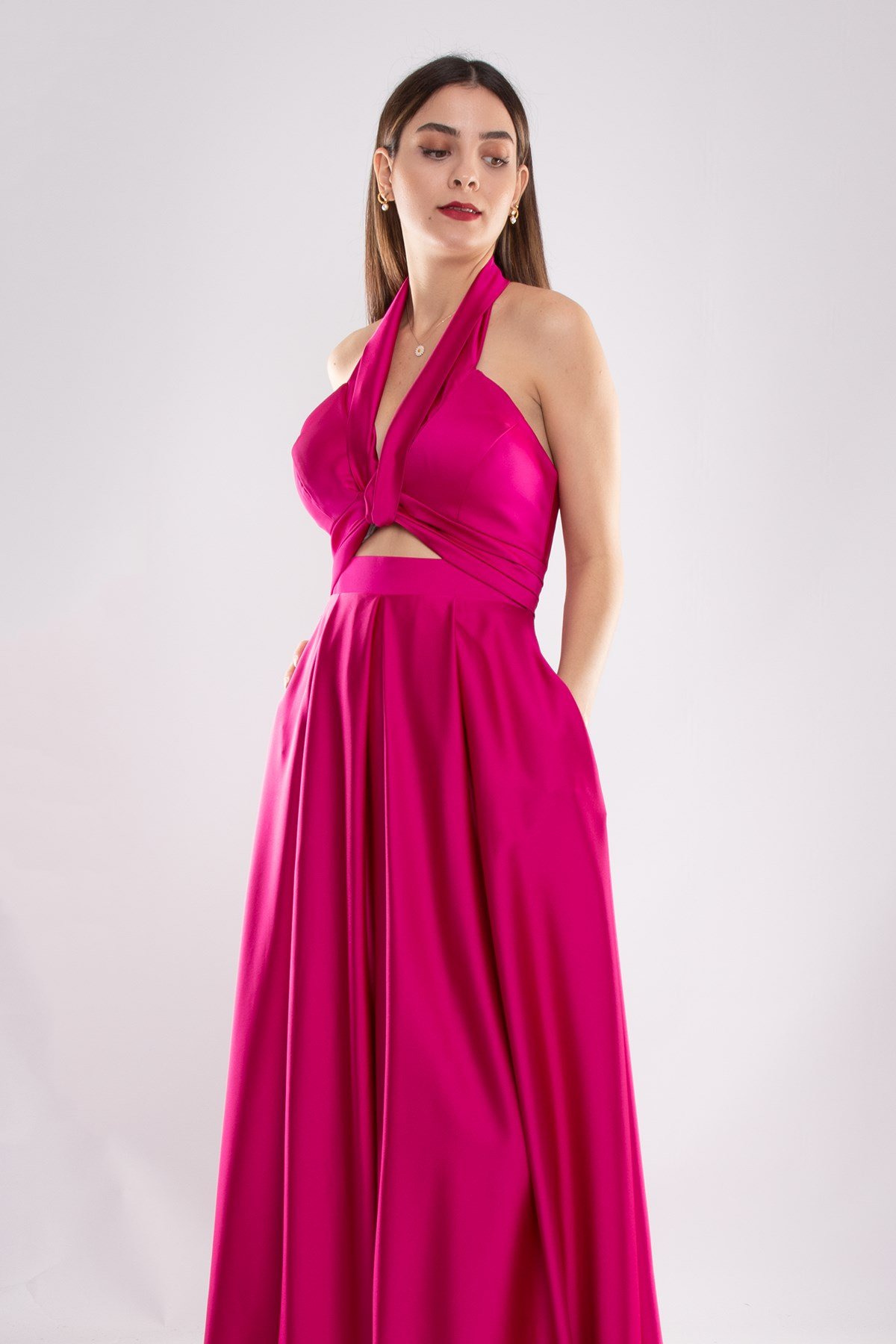 1506 Bosna Saten Beli Pencere Boyundan Geçmeli Uzun Elbise