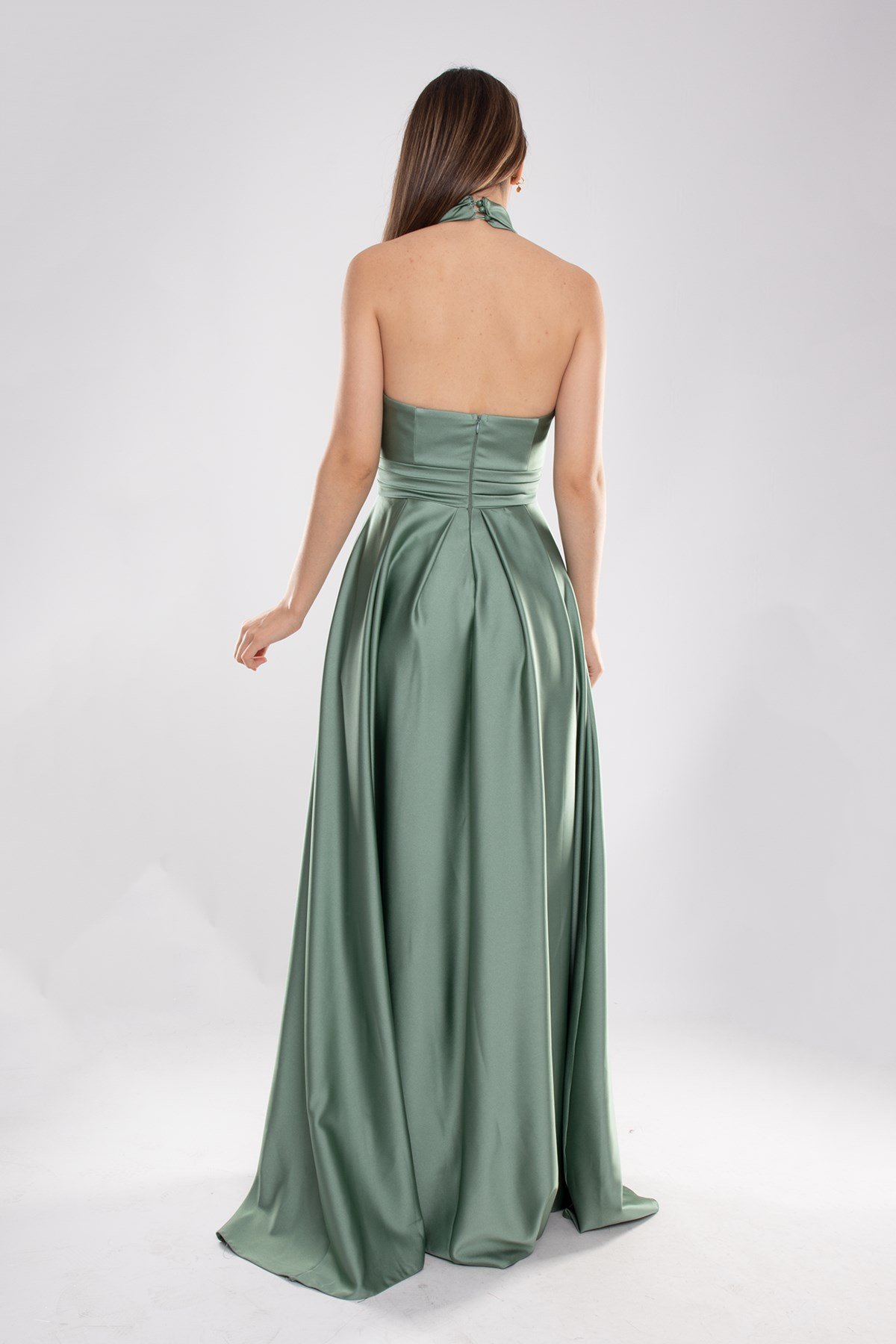 1506 Bosna Saten Beli Pencere Boyundan Geçmeli Uzun Elbise