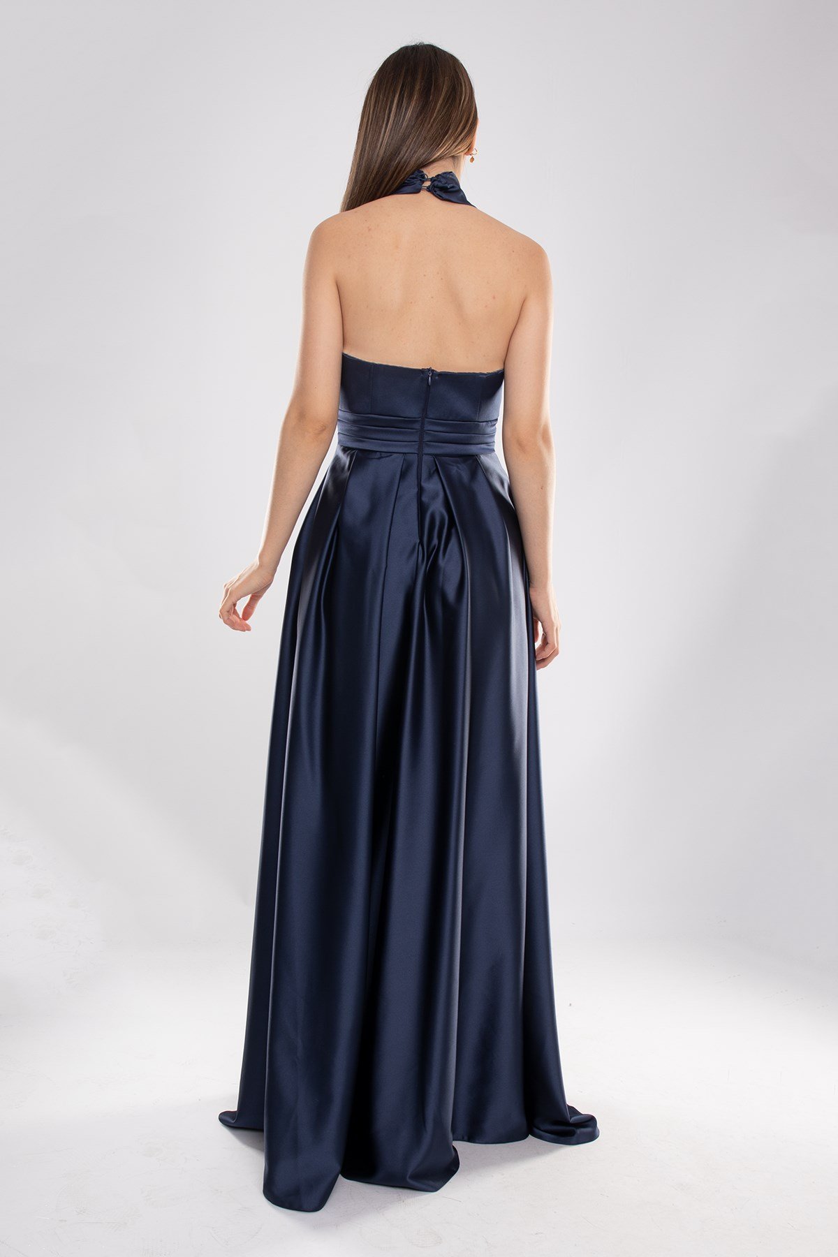 1506 Bosna Saten Beli Pencere Boyundan Geçmeli Uzun Elbise