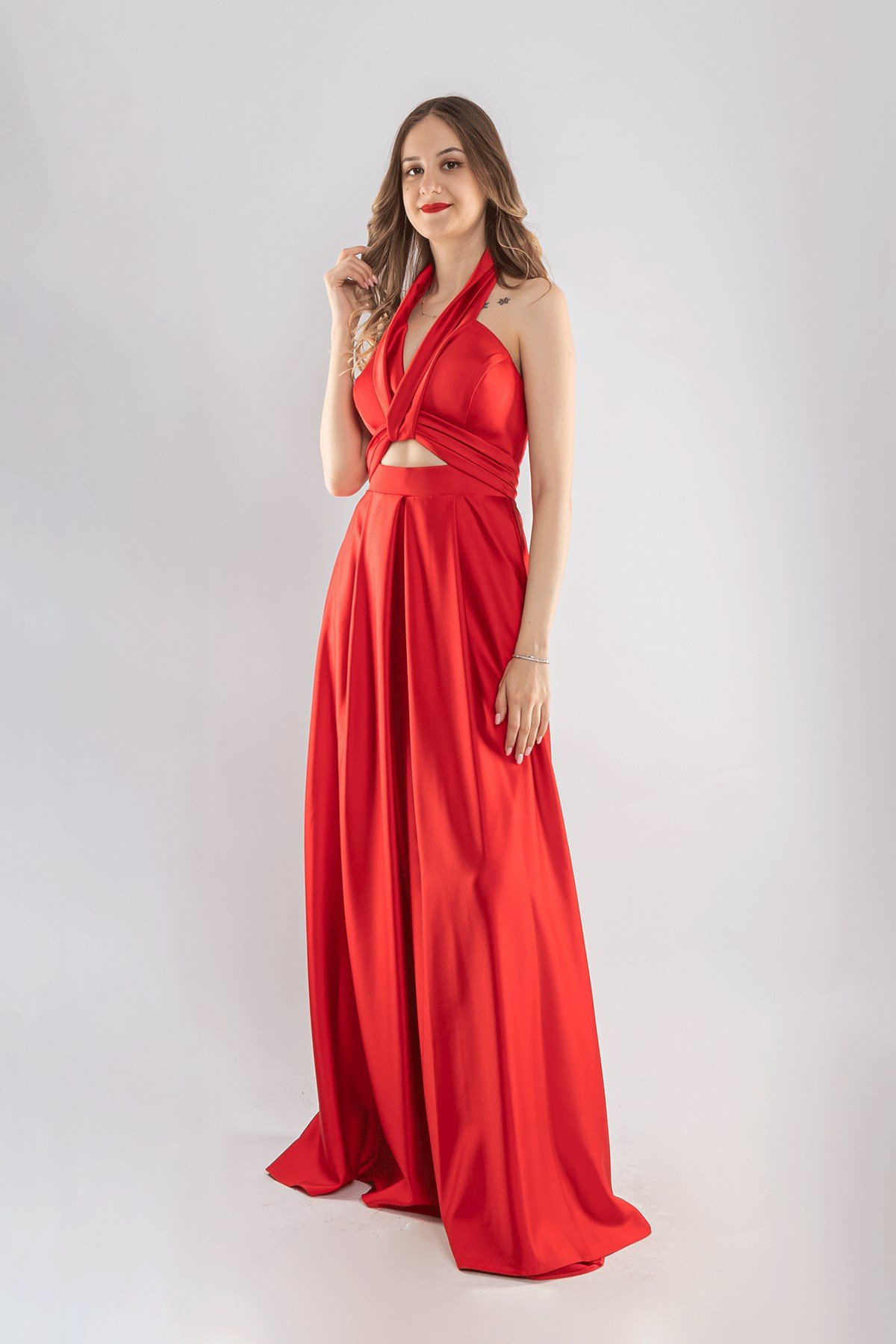 1506 Bosna Saten Beli Pencere Boyundan Geçmeli Uzun Elbise