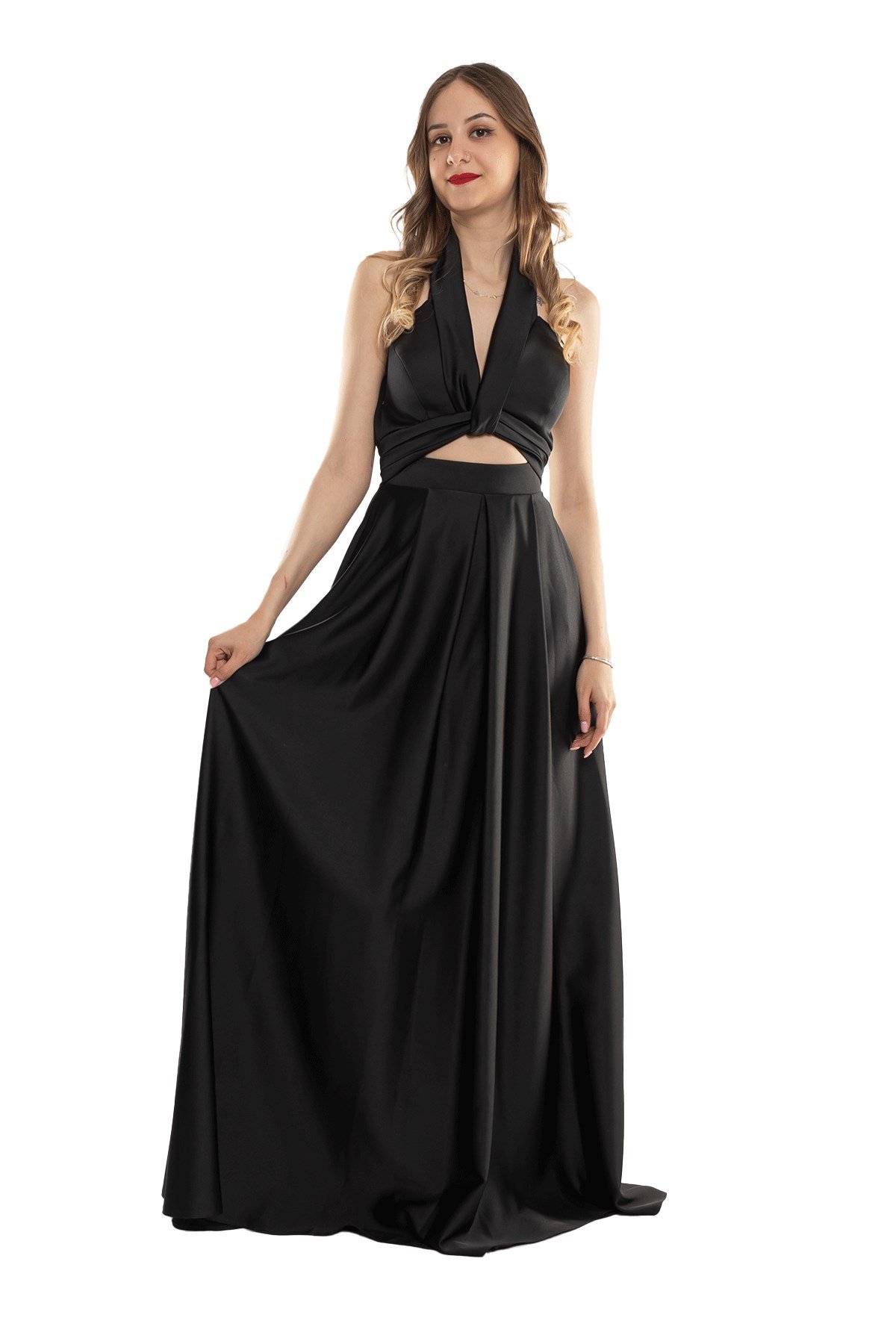 1506 Bosna Saten Beli Pencere Boyundan Geçmeli Uzun Elbise