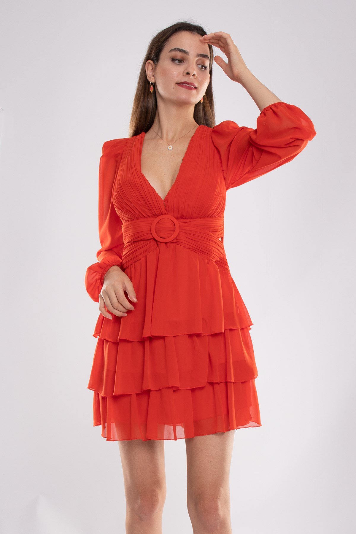 1524 Tül Kol Beli Çapraz Tokalı Kısa Şifon Elbise