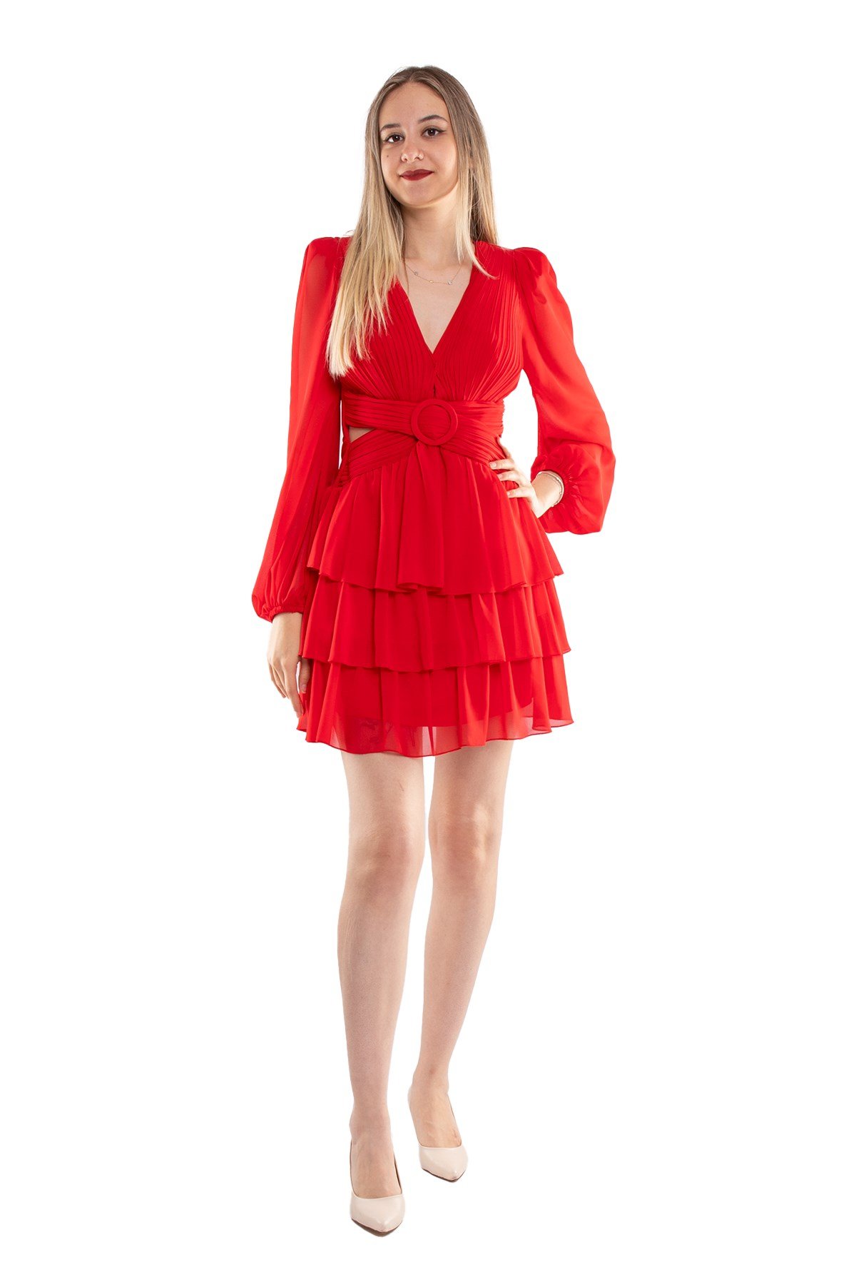 1524 Tül Kol Beli Çapraz Tokalı Kısa Şifon Elbise