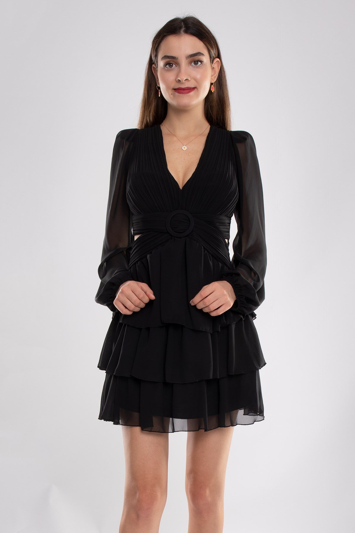 1524 Tül Kol Beli Çapraz Tokalı Kısa Şifon Elbise