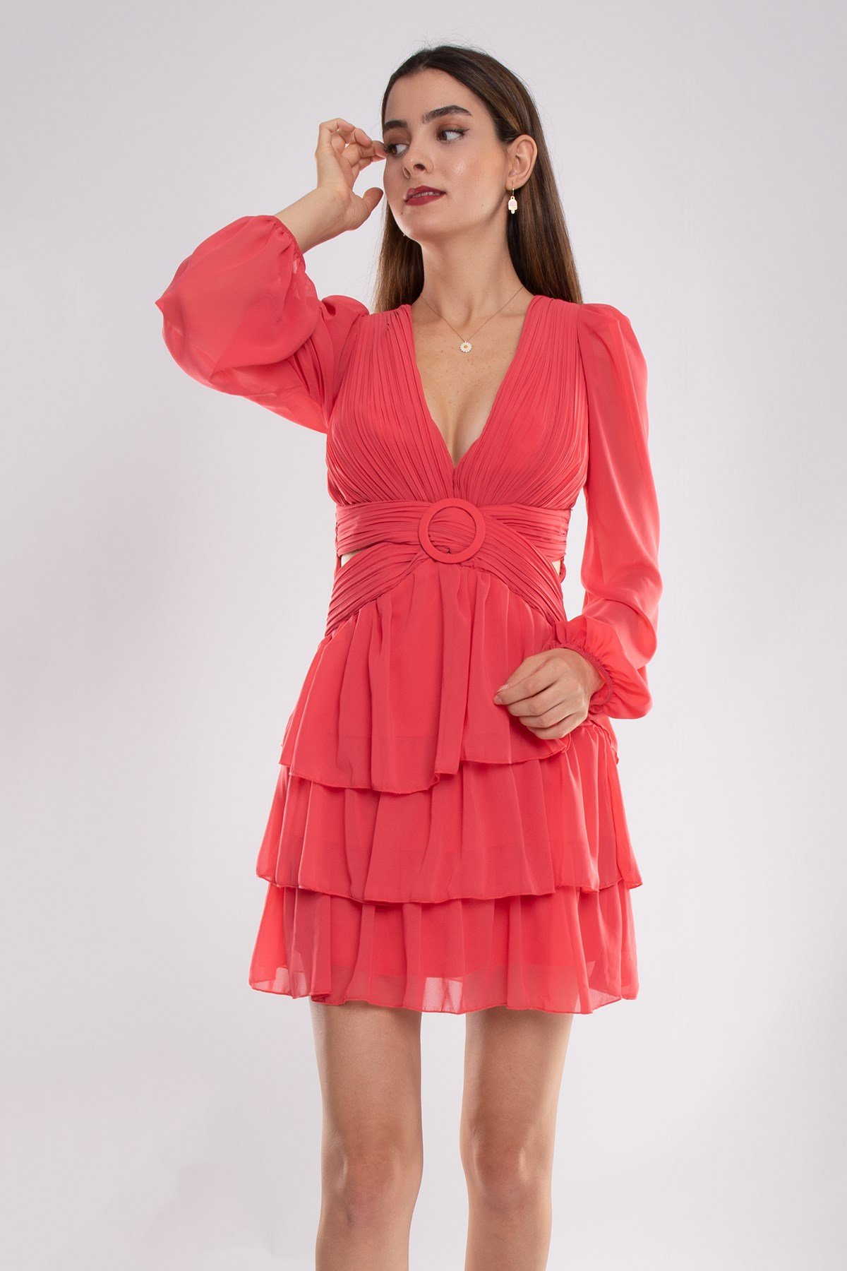 1524 Tül Kol Beli Çapraz Tokalı Kısa Şifon Elbise