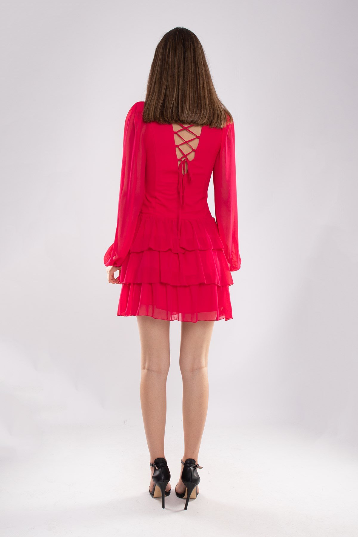 1524 Tül Kol Beli Çapraz Tokalı Kısa Şifon Elbise