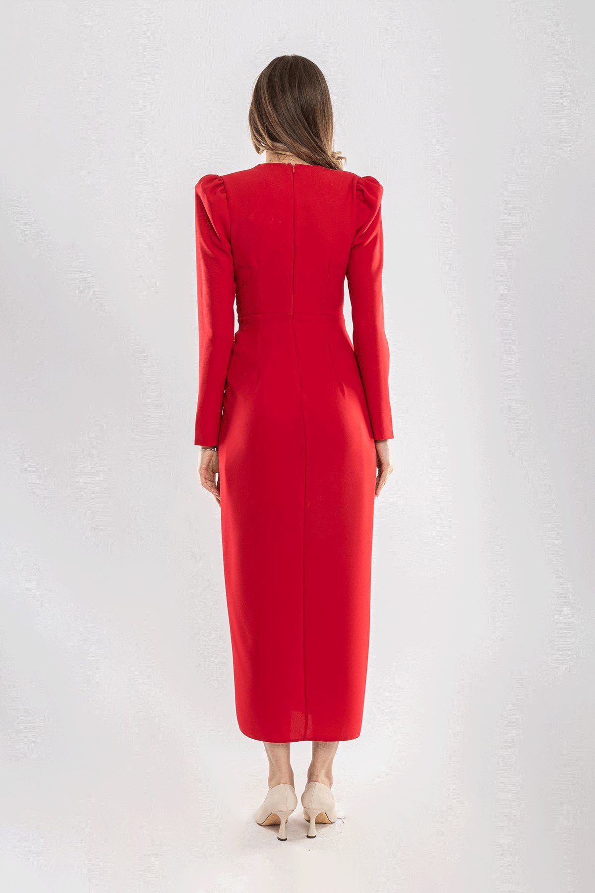 1540 Fiyonklu Kruvaze Yaka Krep Elbise