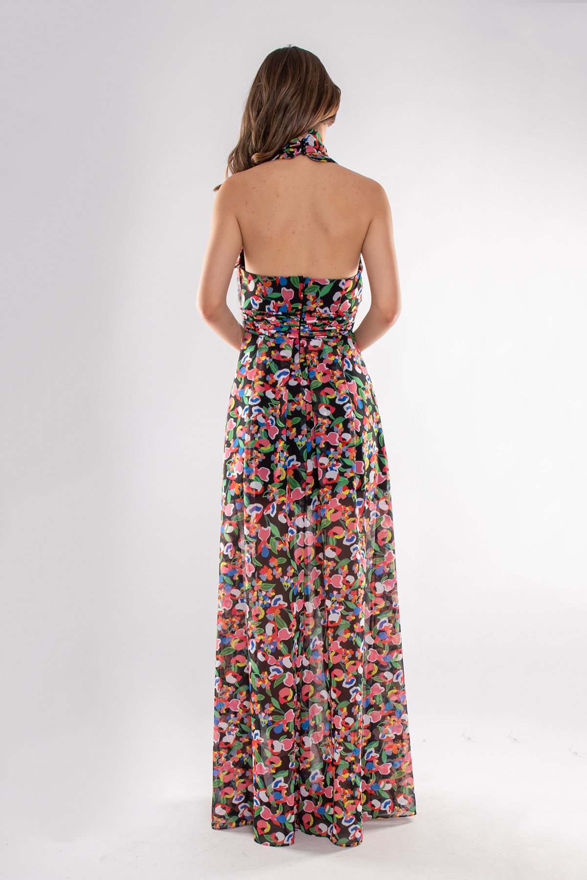 1551 Empirme Büstiyer Detay Çiçek Desen Şifon Uzun Elbise