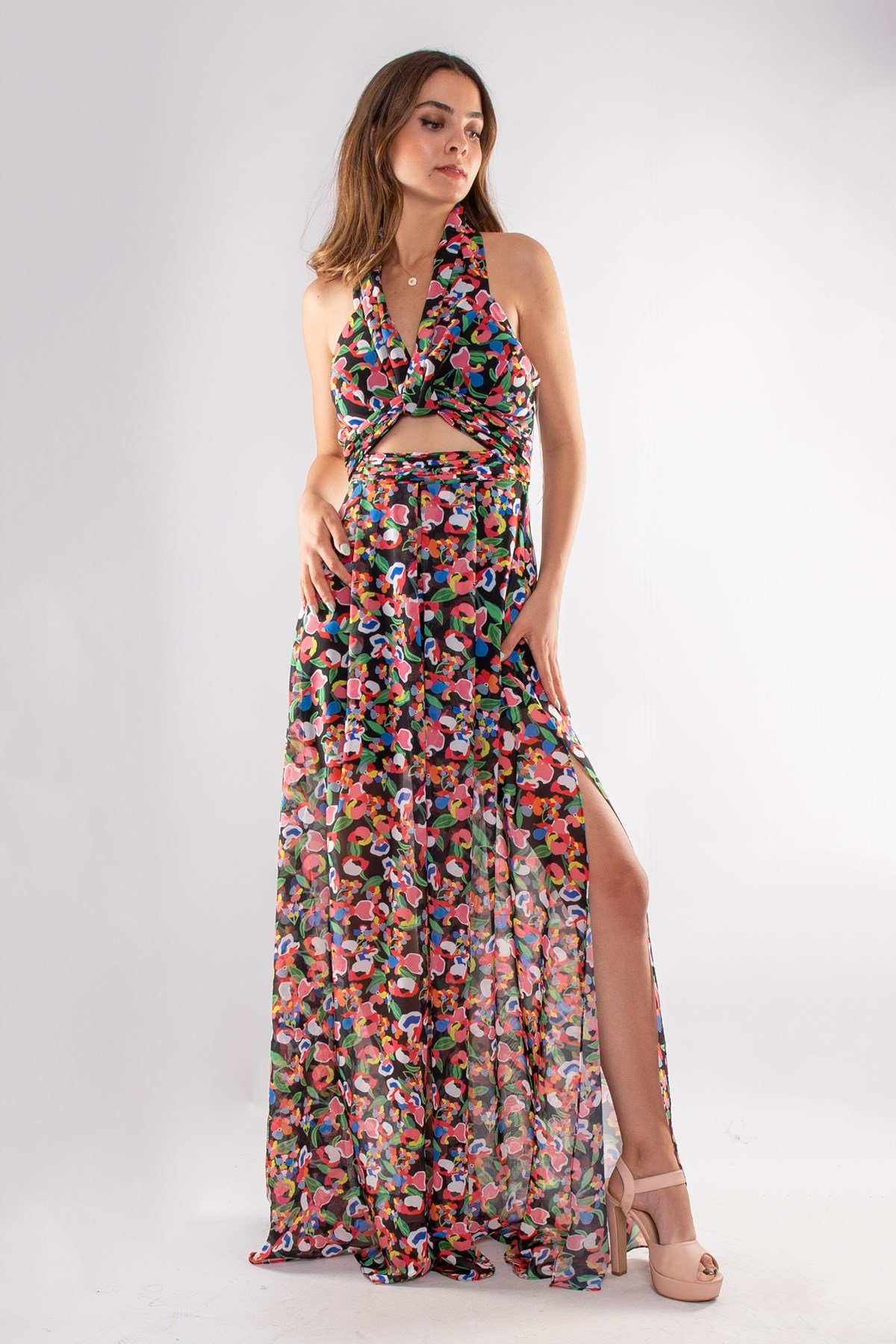 1551 Empirme Büstiyer Detay Çiçek Desen Şifon Uzun Elbise