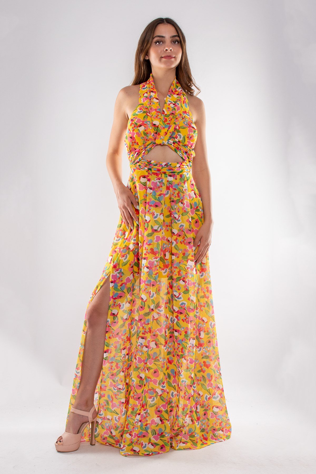 1551 Empirme Büstiyer Detay Çiçek Desen Şifon Uzun Elbise